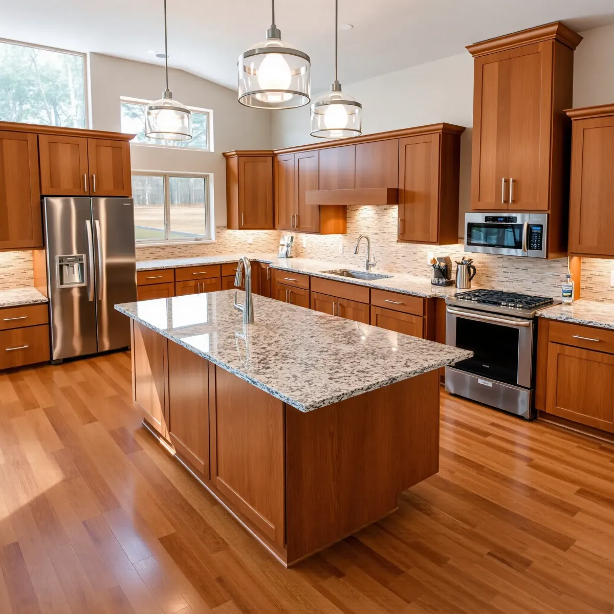 Modern Madisonville kitchen with custom wood cabinets, stainless appliances, quartz countertops, large windows, and scenic Tennessee views.