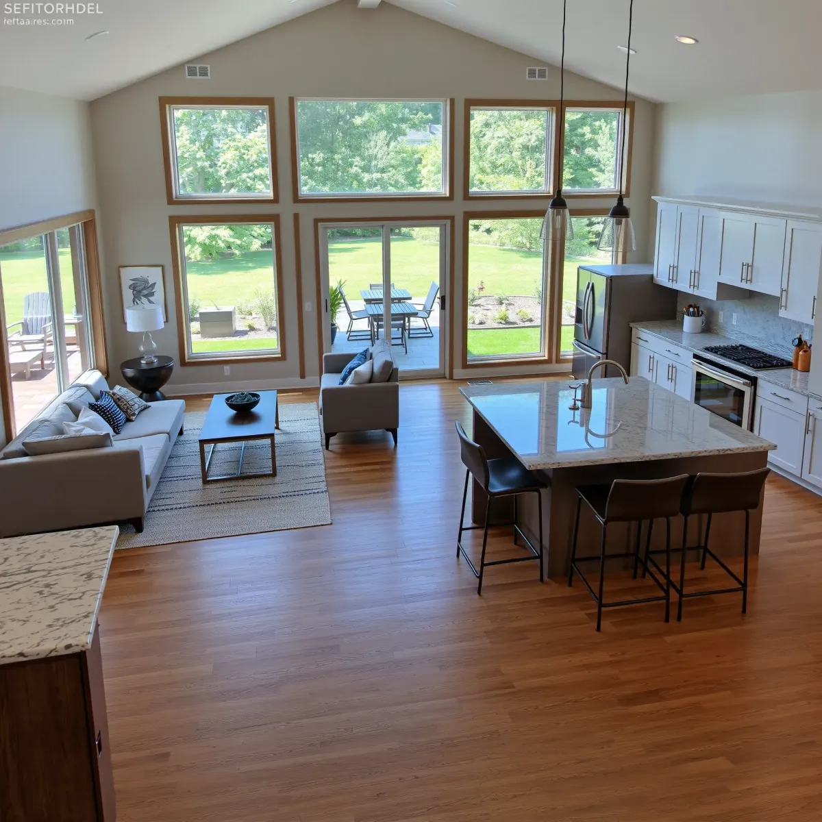 Renovated Lenoir City living room with open-concept design, hardwood floors, modern furniture, large windows, and elegant lighting.