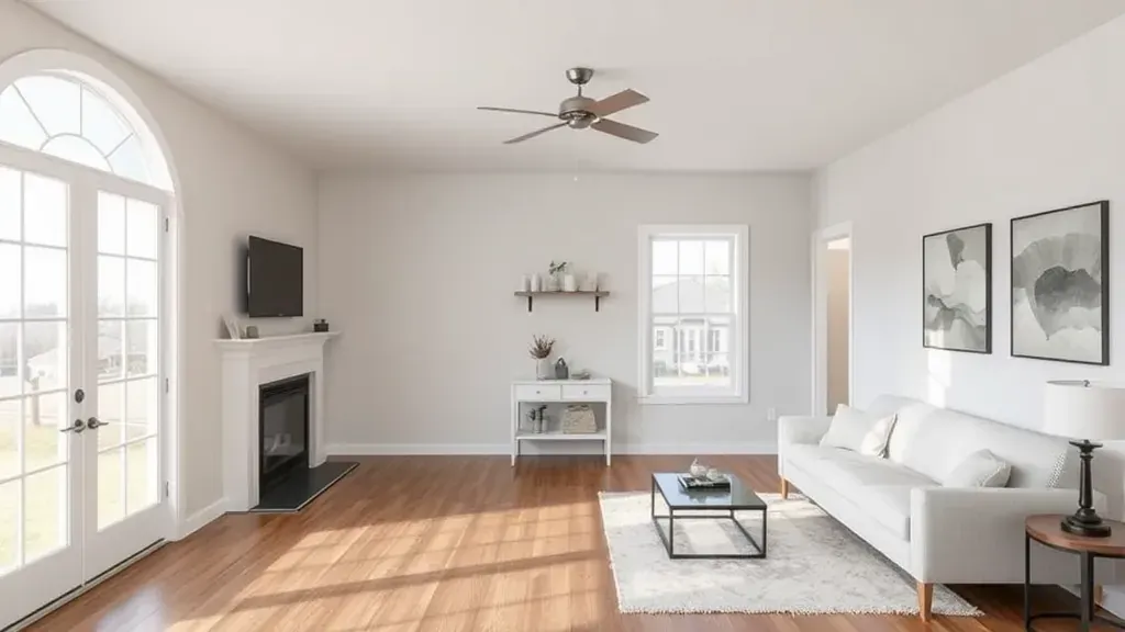 Beautiful renovated farmhouse-style living room with reclaimed wood floors, modern fireplace, large windows, and stylish decor.
