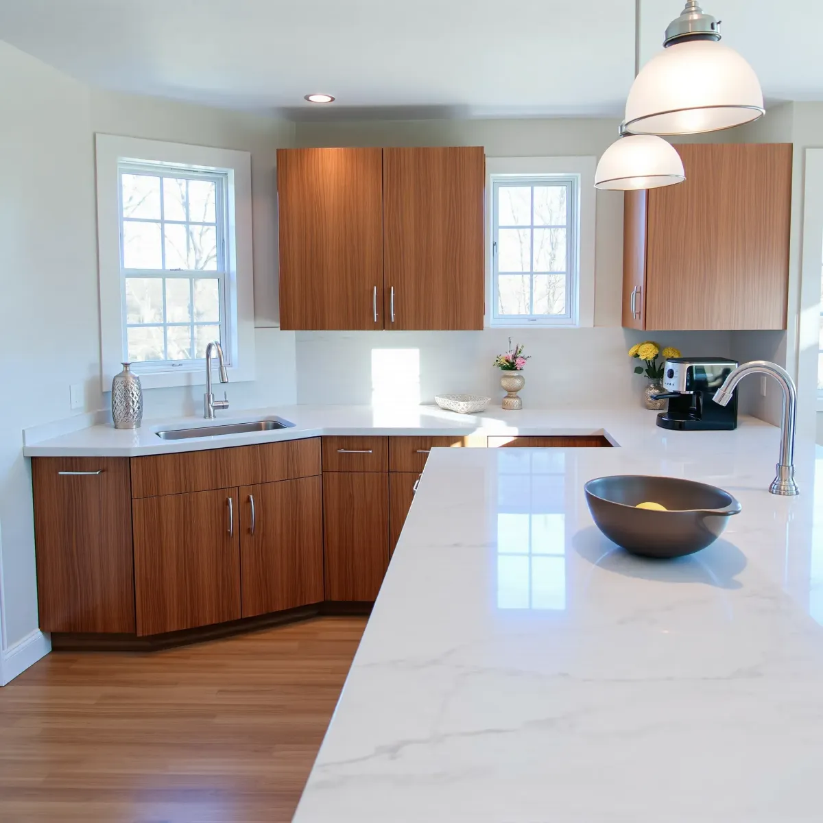 Modern Knoxville kitchen with sleek wooden cabinetry, marble countertops, stainless steel handles, and natural light.