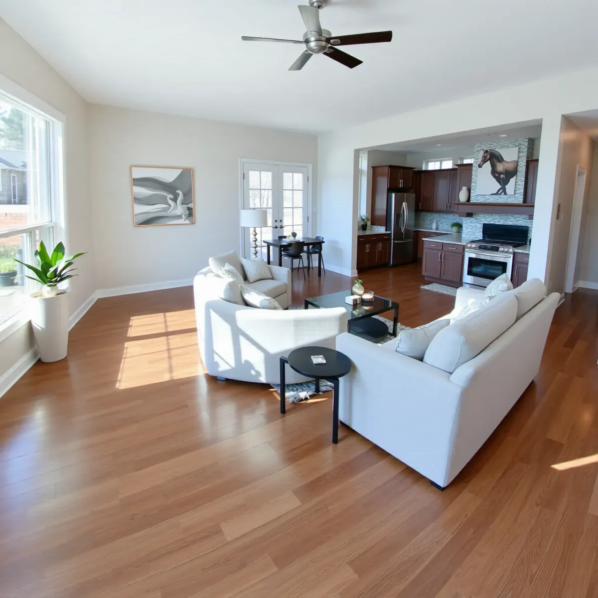 Renovated Karns, TN home interior with modern living room, hardwood floors, natural light, stylish furniture, and updated kitchen.