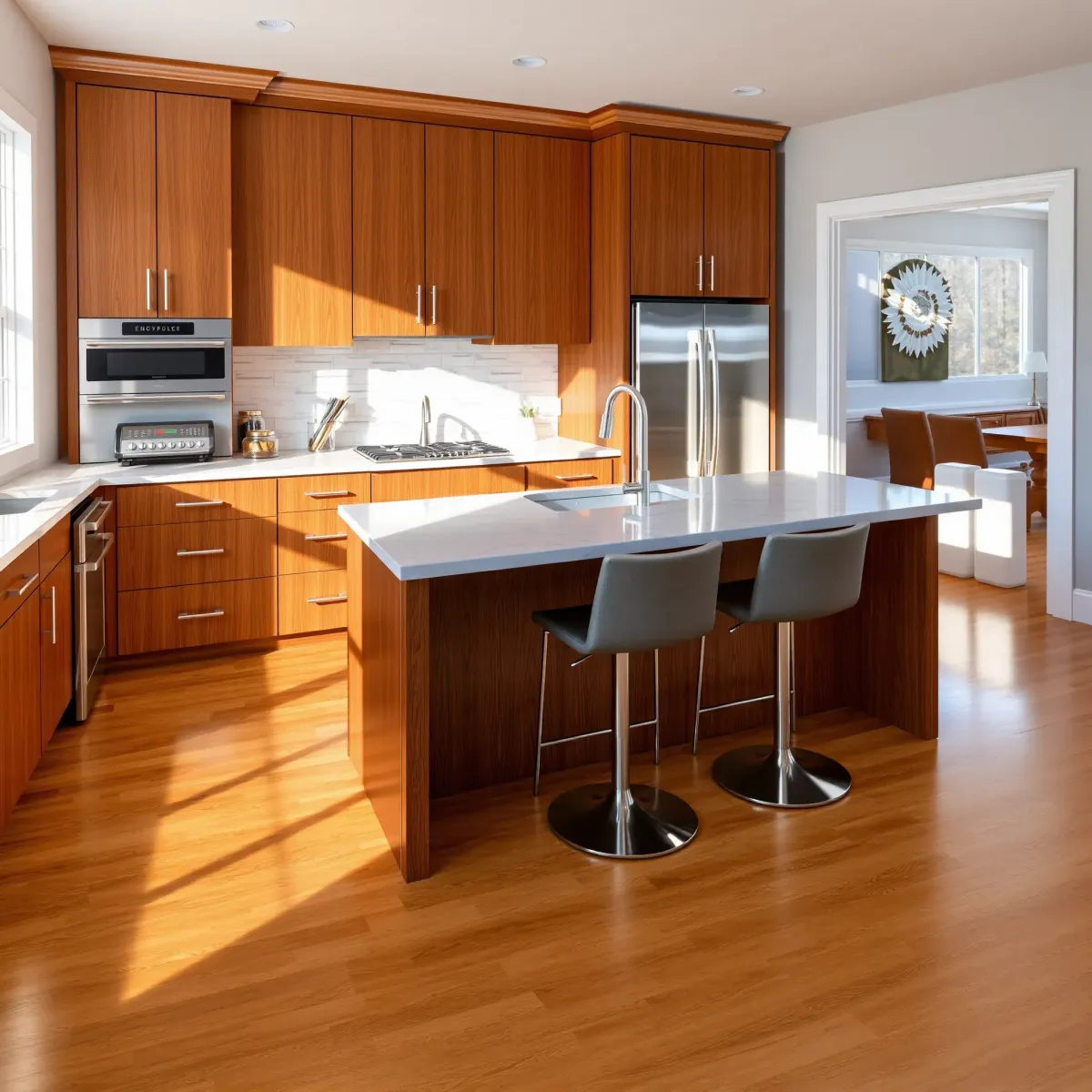 Bright, renovated Maryville kitchen featuring modern wood cabinets, stainless steel appliances, quartz counters, and hardwood flooring.