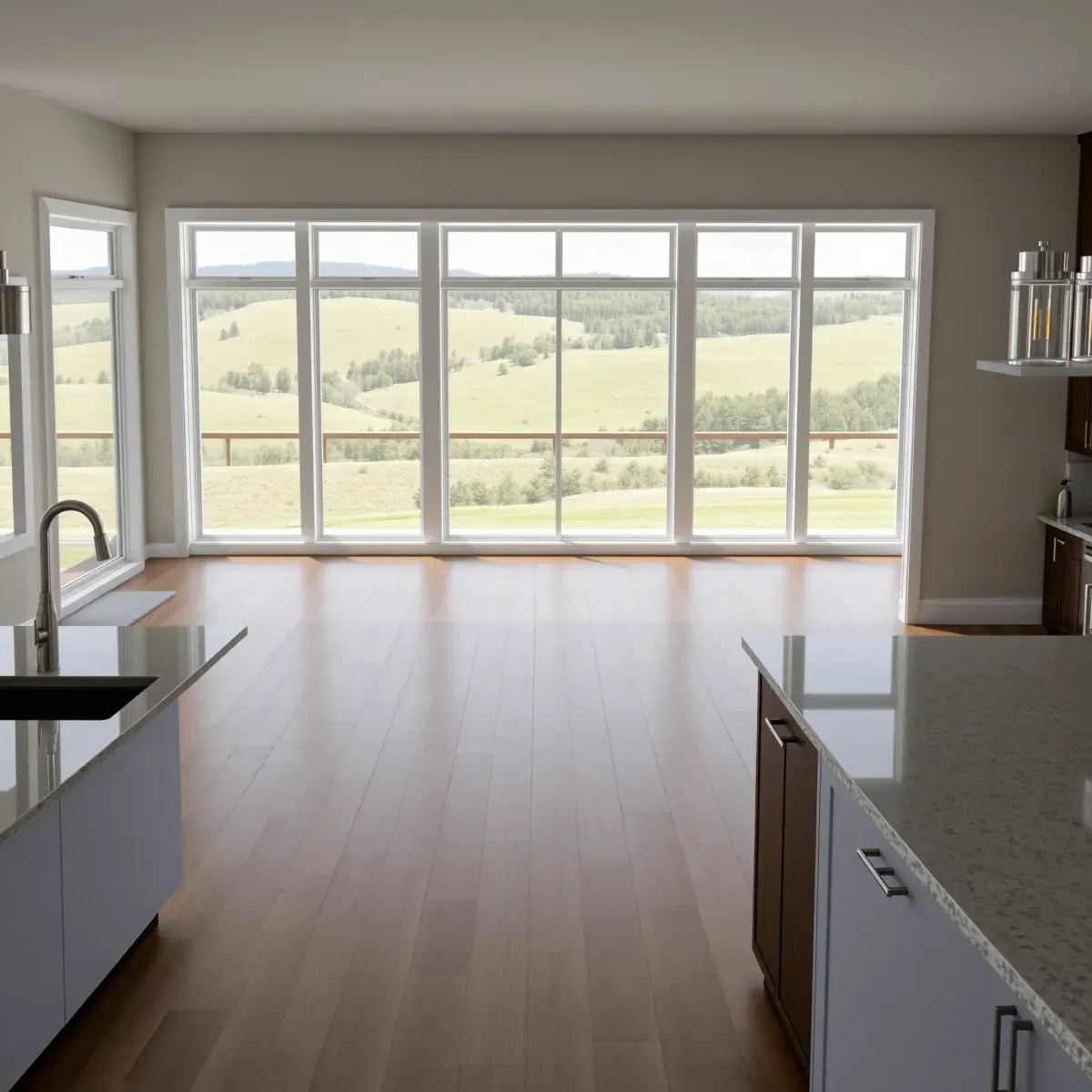 Pristine, renovated Harriman TN living room with modern design, natural light, lush greenery, and stylish decor.