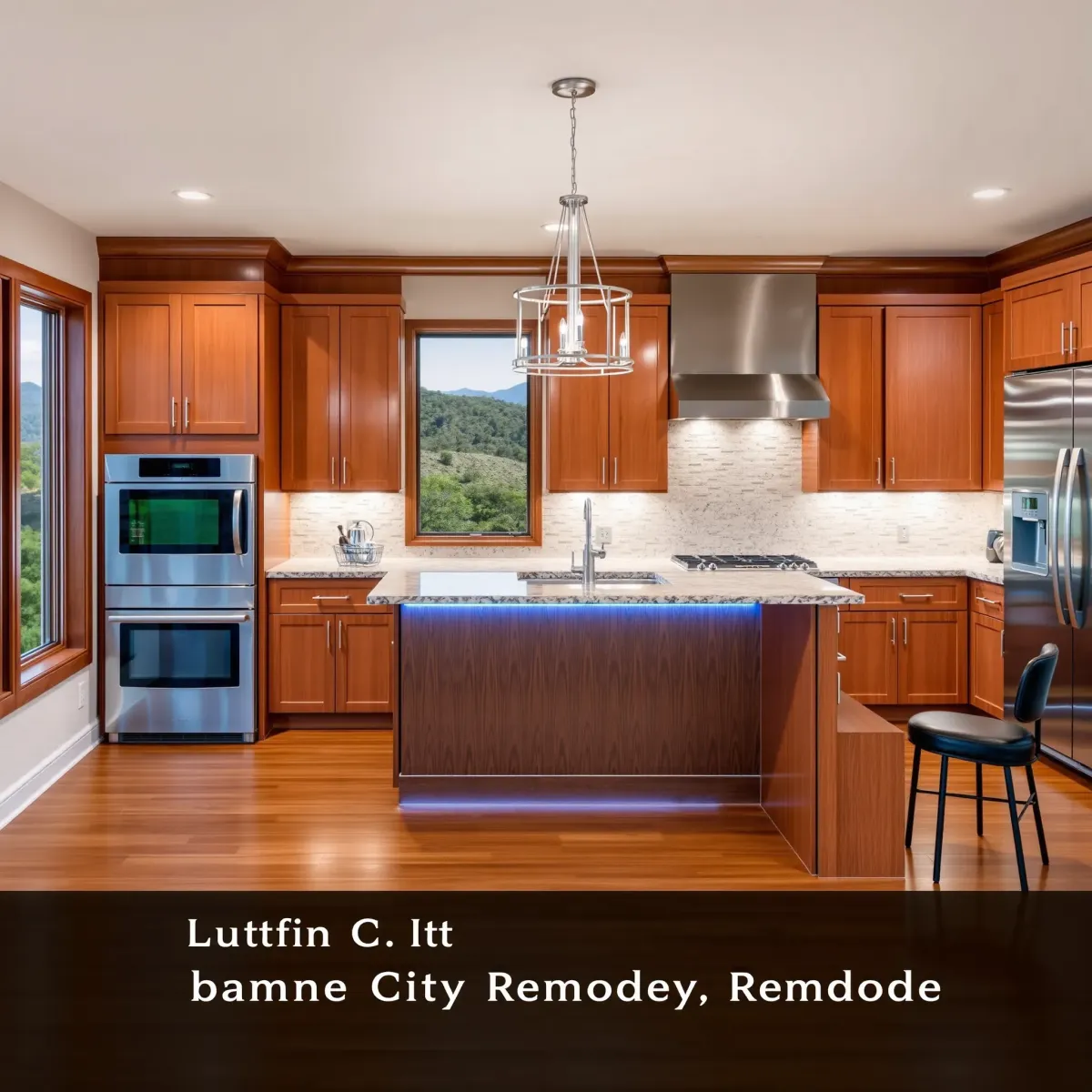 Modern Johnson City kitchen with stainless appliances, granite island, custom wood cabinets, and mountain views.