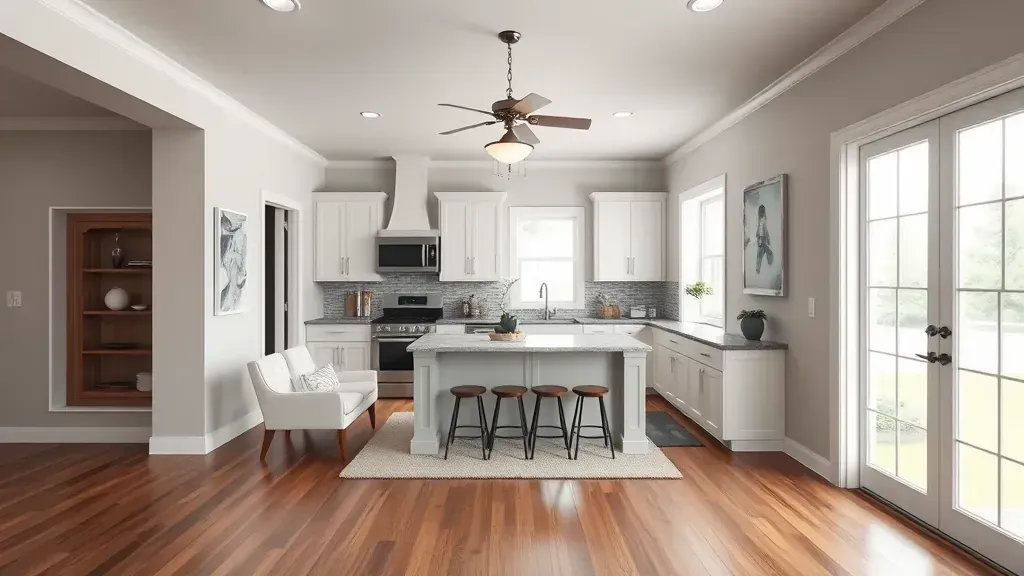 Renovated living room in LaFollette, TN with hardwood floors, modern furniture, open-concept kitchen, and lush outdoor views.