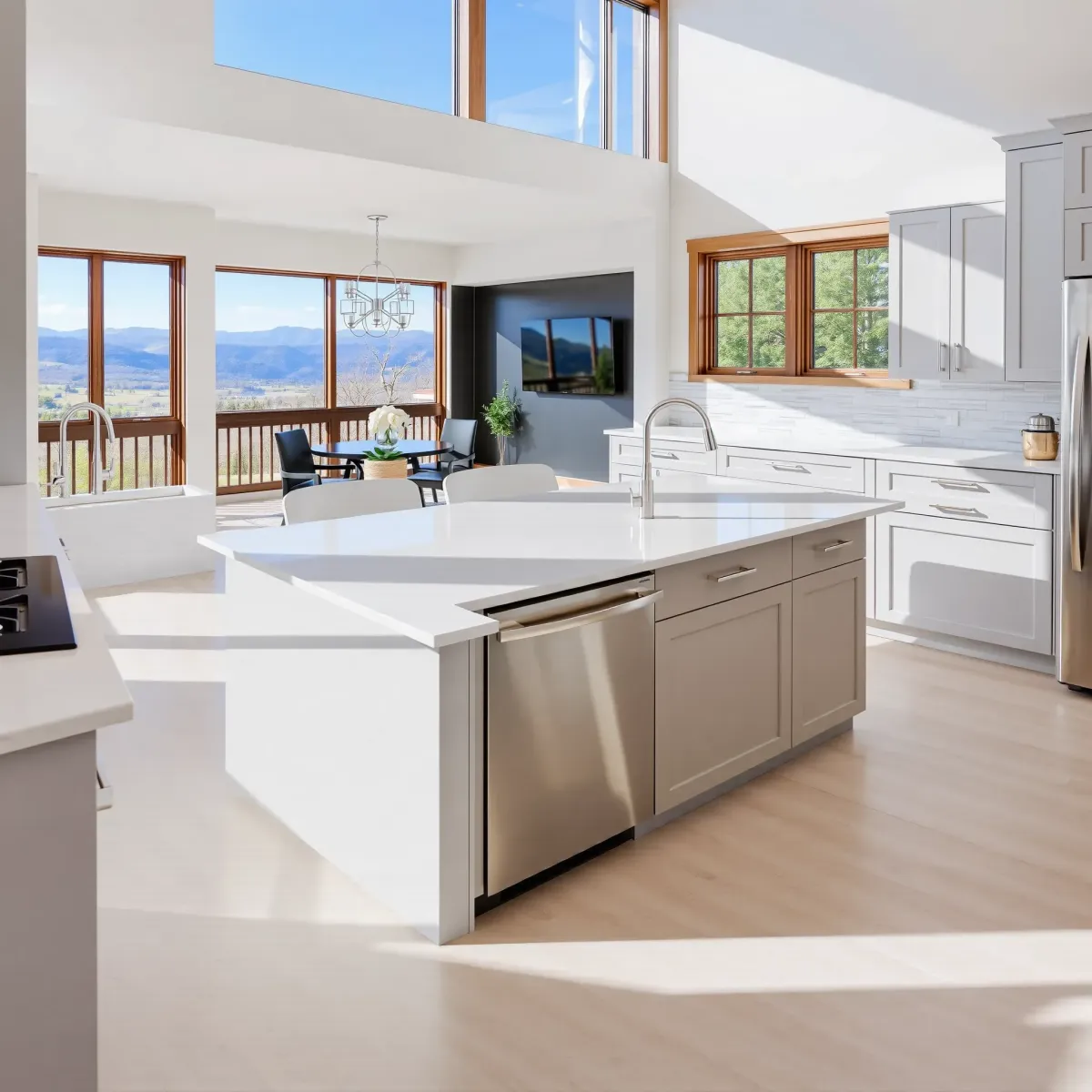Recently remodeled Erwin, TN kitchen with sleek matte cabinetry, quartz countertops, stainless steel appliances, hardwood floors, and natural light.