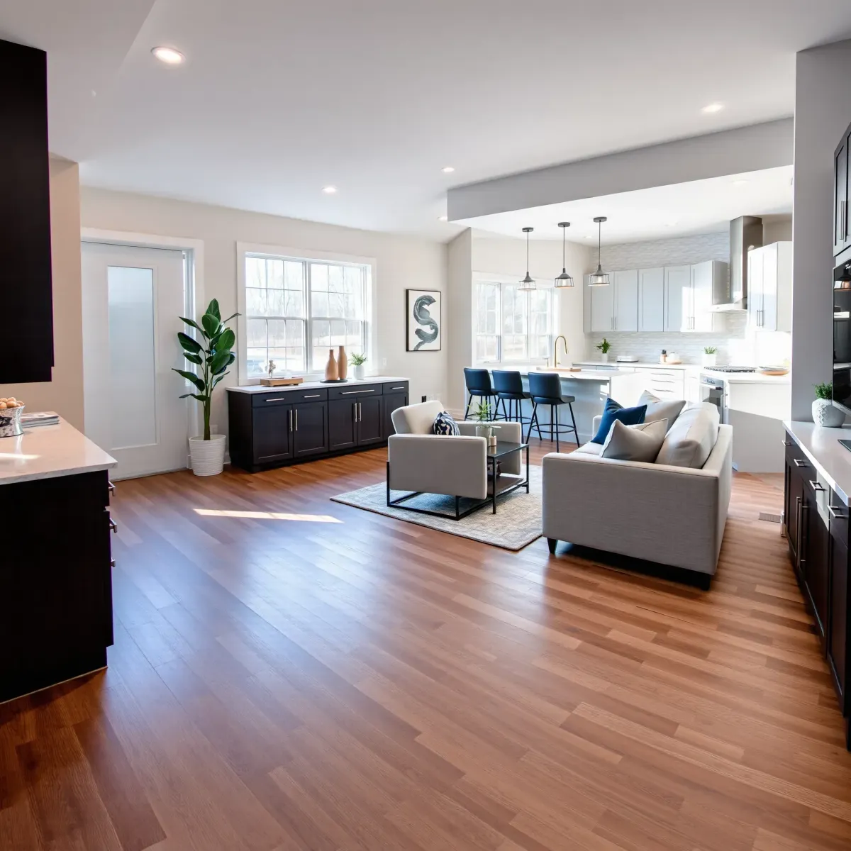 Remodeled Greeneville living room with hardwood floors, custom cabinetry, granite countertops, and scenic mountain views.