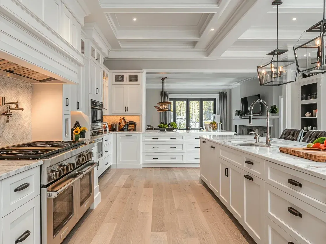 Modern Knoxville kitchen with quartz countertops, stainless steel appliances, white cabinetry, hardwood floors, and garden view.