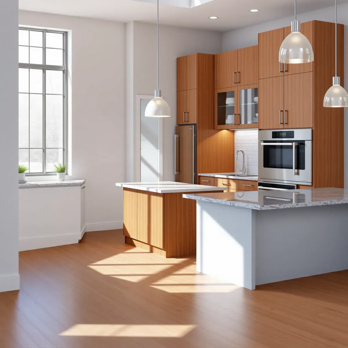 Modern kitchen in Vonore, TN with sleek cabinetry, white quartz counters, stainless steel appliances, and hardwood floors.