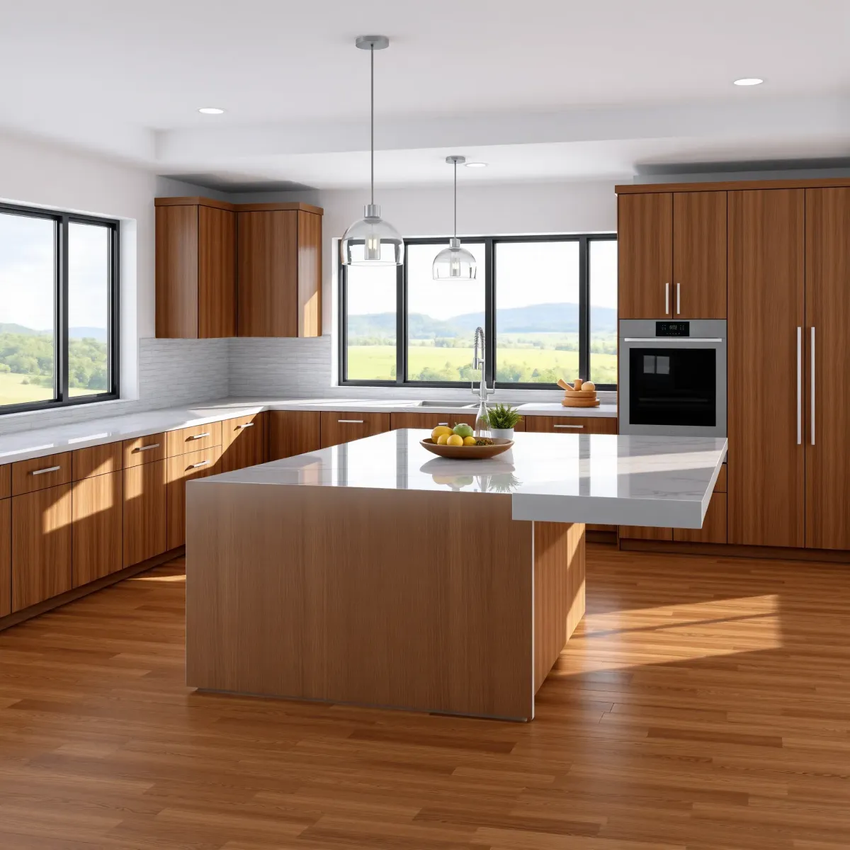 Recently remodeled Knoxville kitchen with walnut cabinets, marble island, stainless appliances, hardwood floors, and scenic Tennessee view.