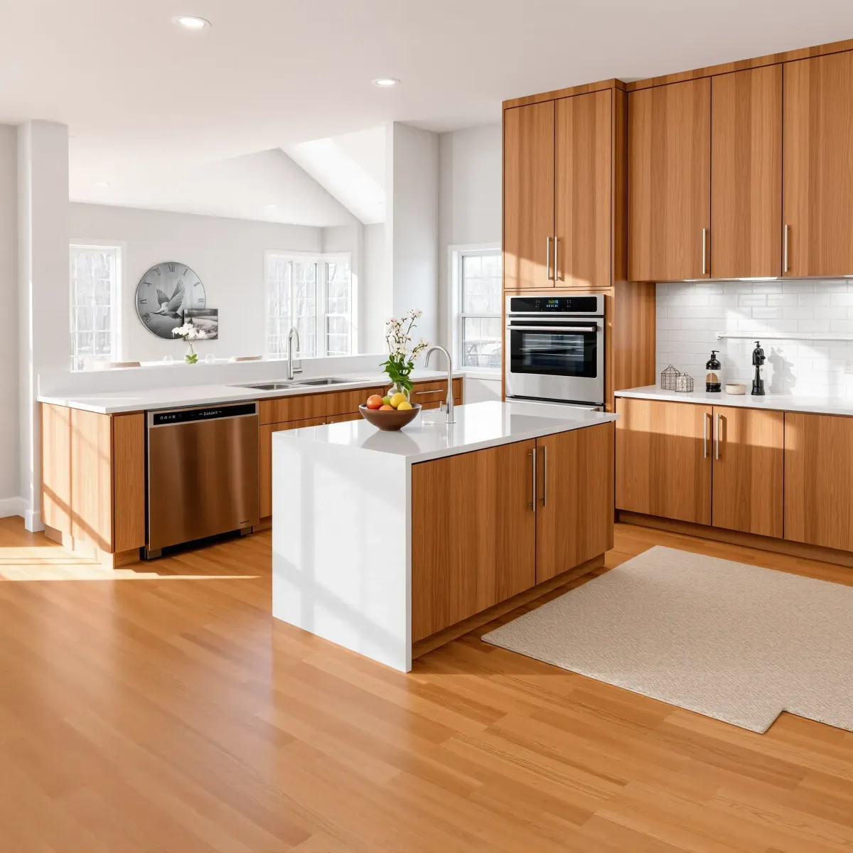 Stunning Knoxville kitchen remodel with quartz countertops, warm wood cabinetry, stainless steel appliances, and natural lighting.
