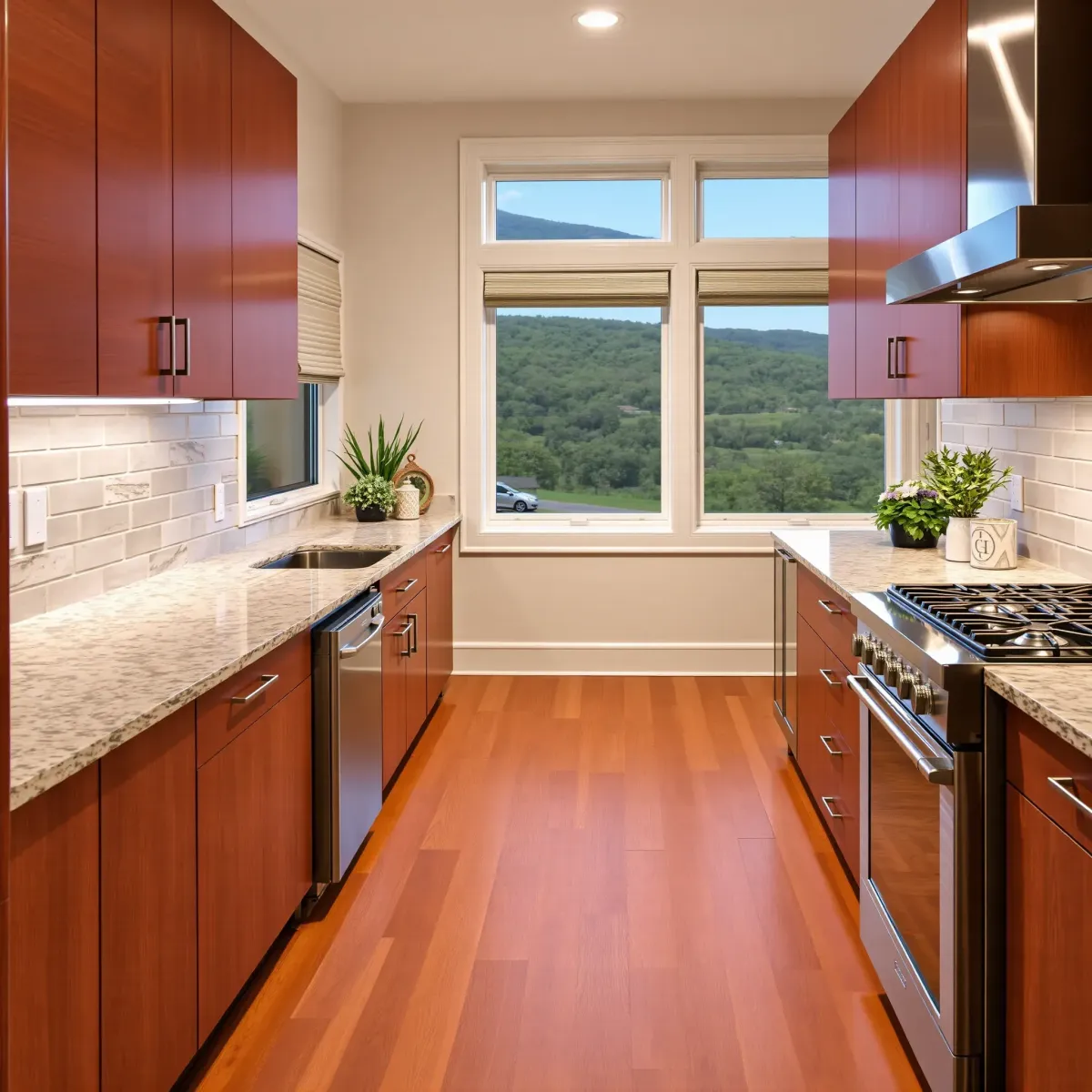 Recently remodeled Newport, TN modern kitchen with granite countertops, warm wood cabinetry, and scenic outdoor view.
