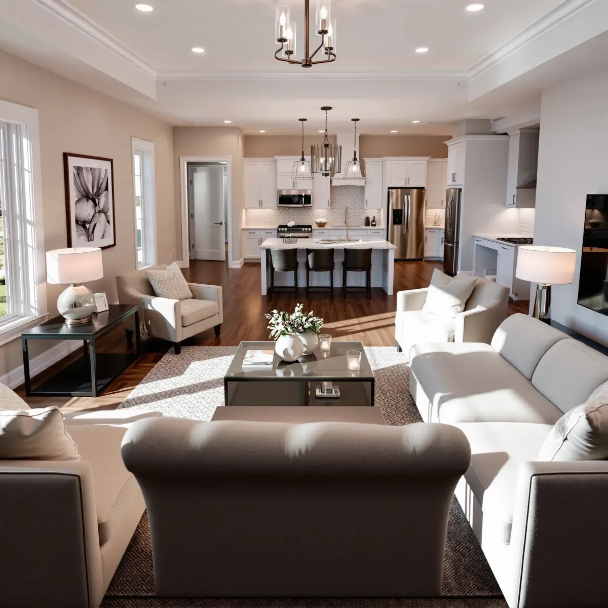 Pristine renovated living room in Halls Crossroads, TN, featuring modern furniture, natural light, hardwood floors, and open kitchen.