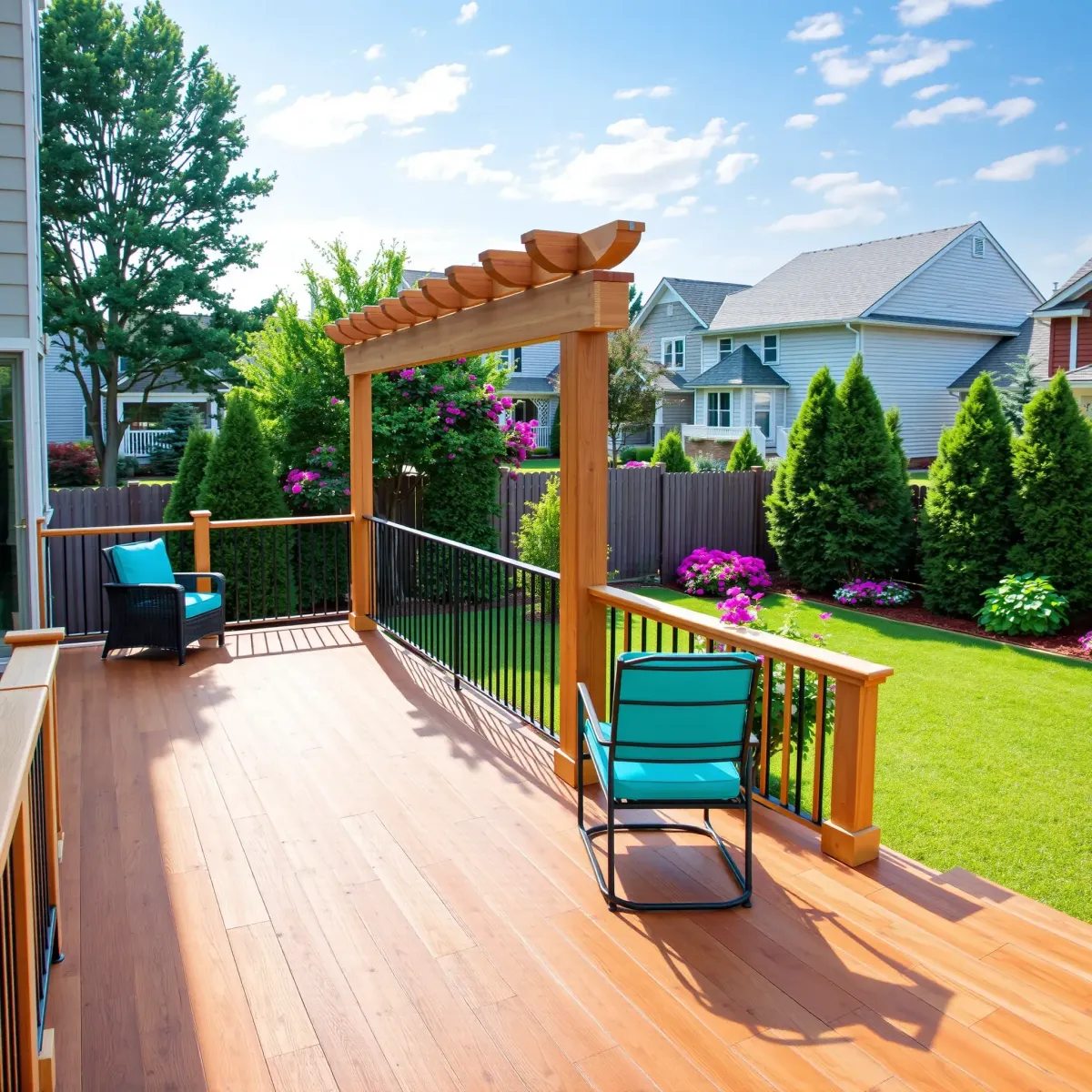 Deck in Knoxville, TN with polished wood, seamless railings, outdoor furniture, lush greenery, and suburban neighborhood background.