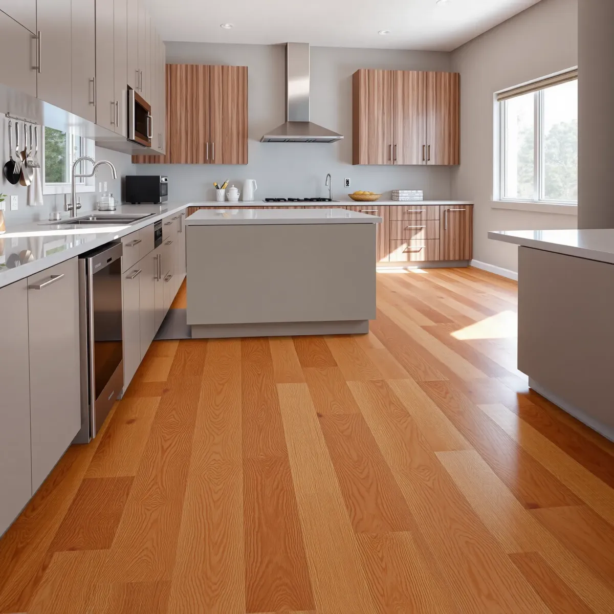Freshly installed hardwood kitchen flooring with natural wood grains, warm tones, and sleek modern kitchen decor.
