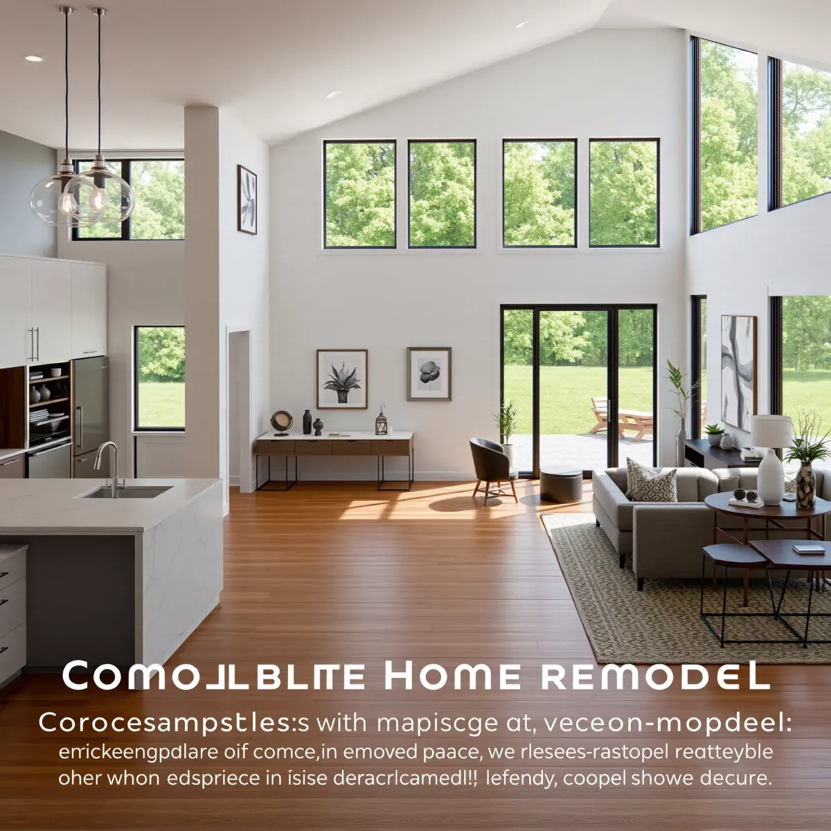 Louisville, TN home remodel featuring a modern open living area, stylish kitchen, polished hardwood floors, and scenic garden views.