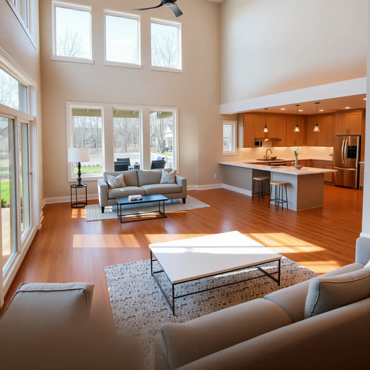 Modern Dandridge home interior with mountain views, sleek decor, hardwood floors, custom woodwork, and ambient lighting.