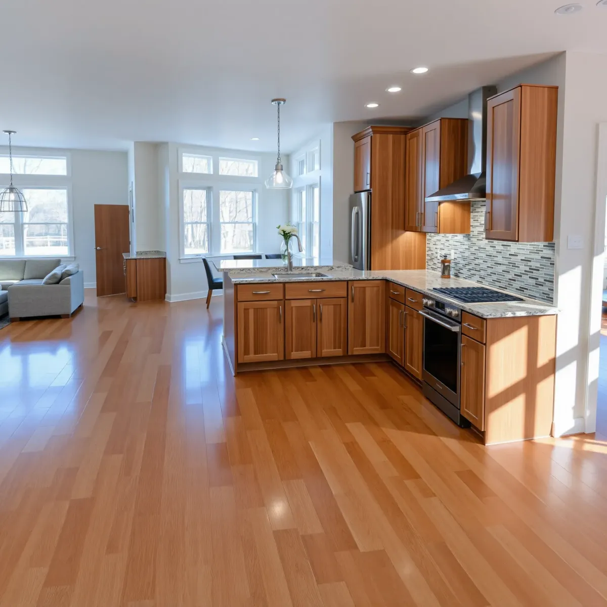 Remodeled Tellico Village kitchen with warm wood cabinets, granite island, stainless appliances, lush backyard view.