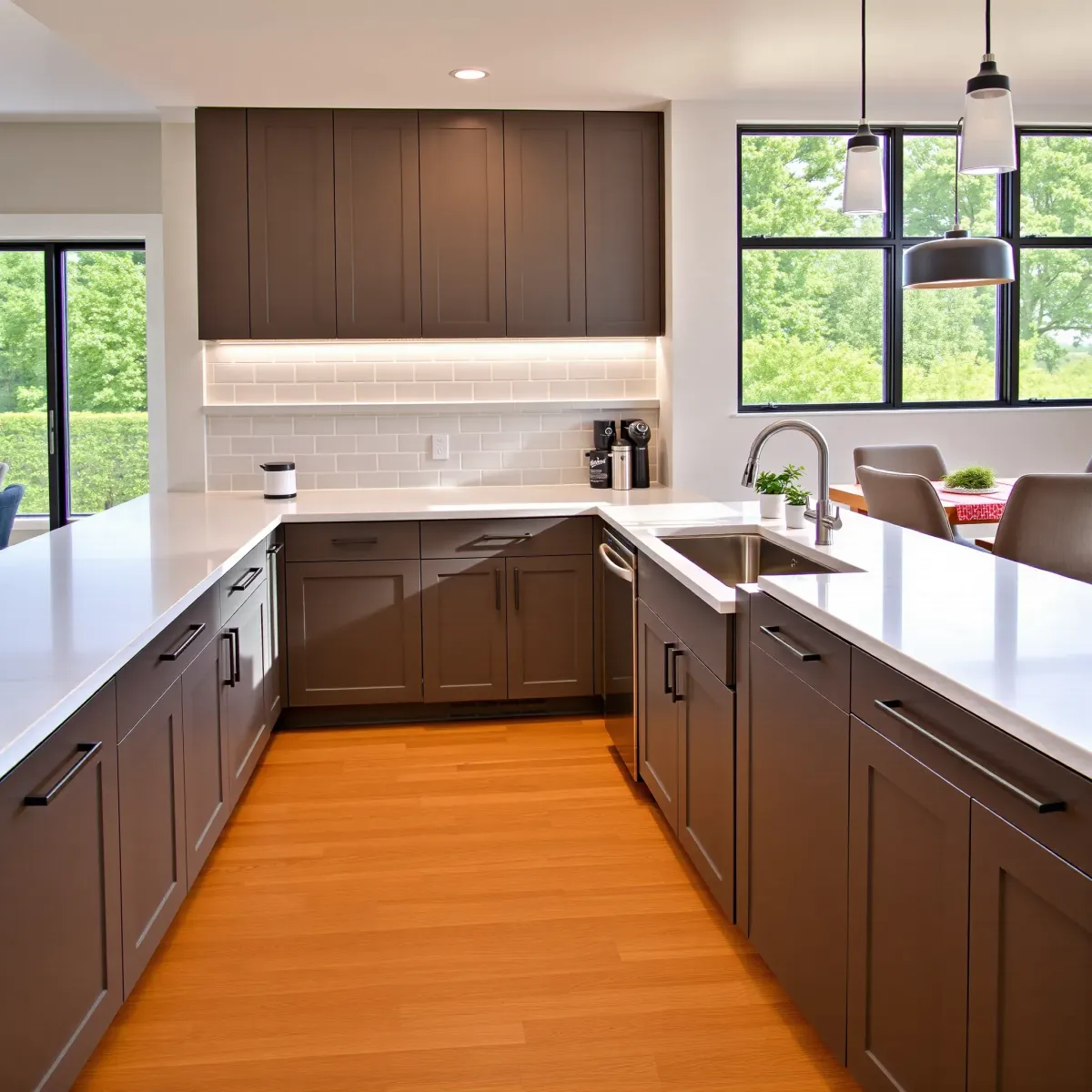 Remodeled Greeneville kitchen with modern design, quartz countertops, stainless steel appliances, hardwood floors, and abundant natural light.