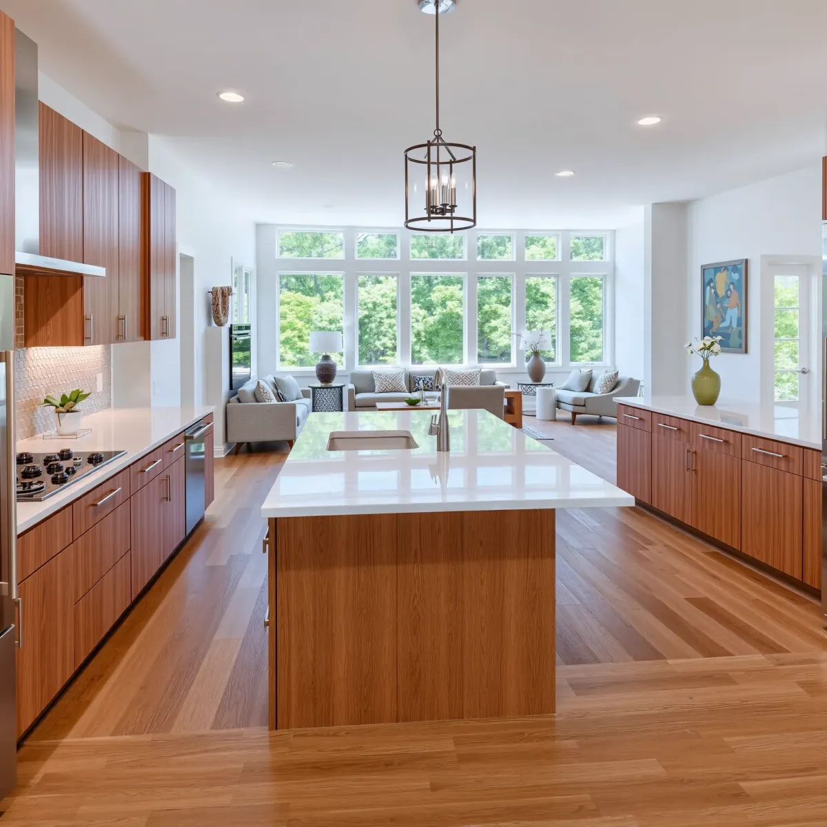 Renovated Newport, TN kitchen with modern cabinets, stainless steel appliances, granite island, hardwood floors, and mountain views.