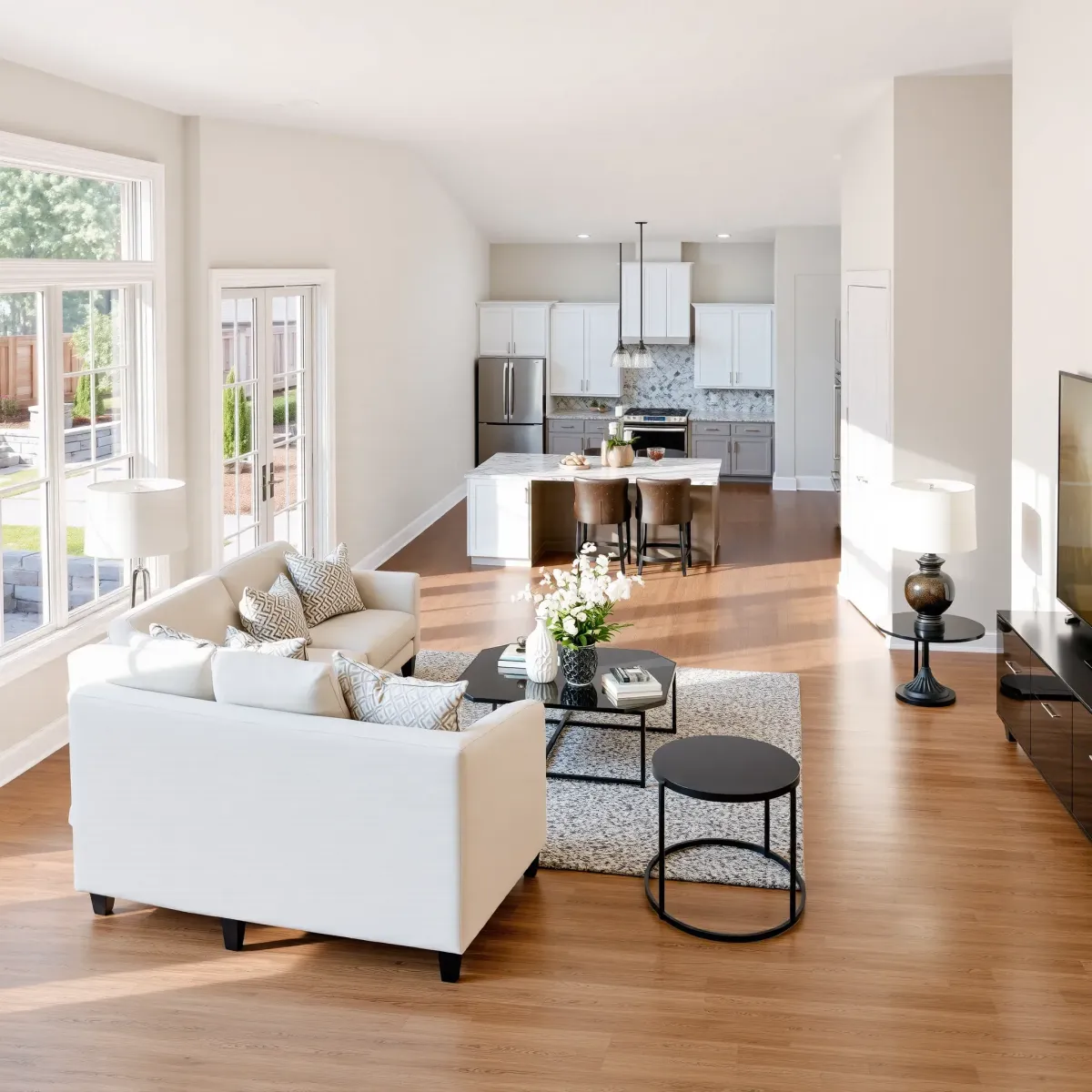 Renovated Farragut TN living room with modern furniture, hardwood floors, large windows, and a stylish open-plan kitchen.