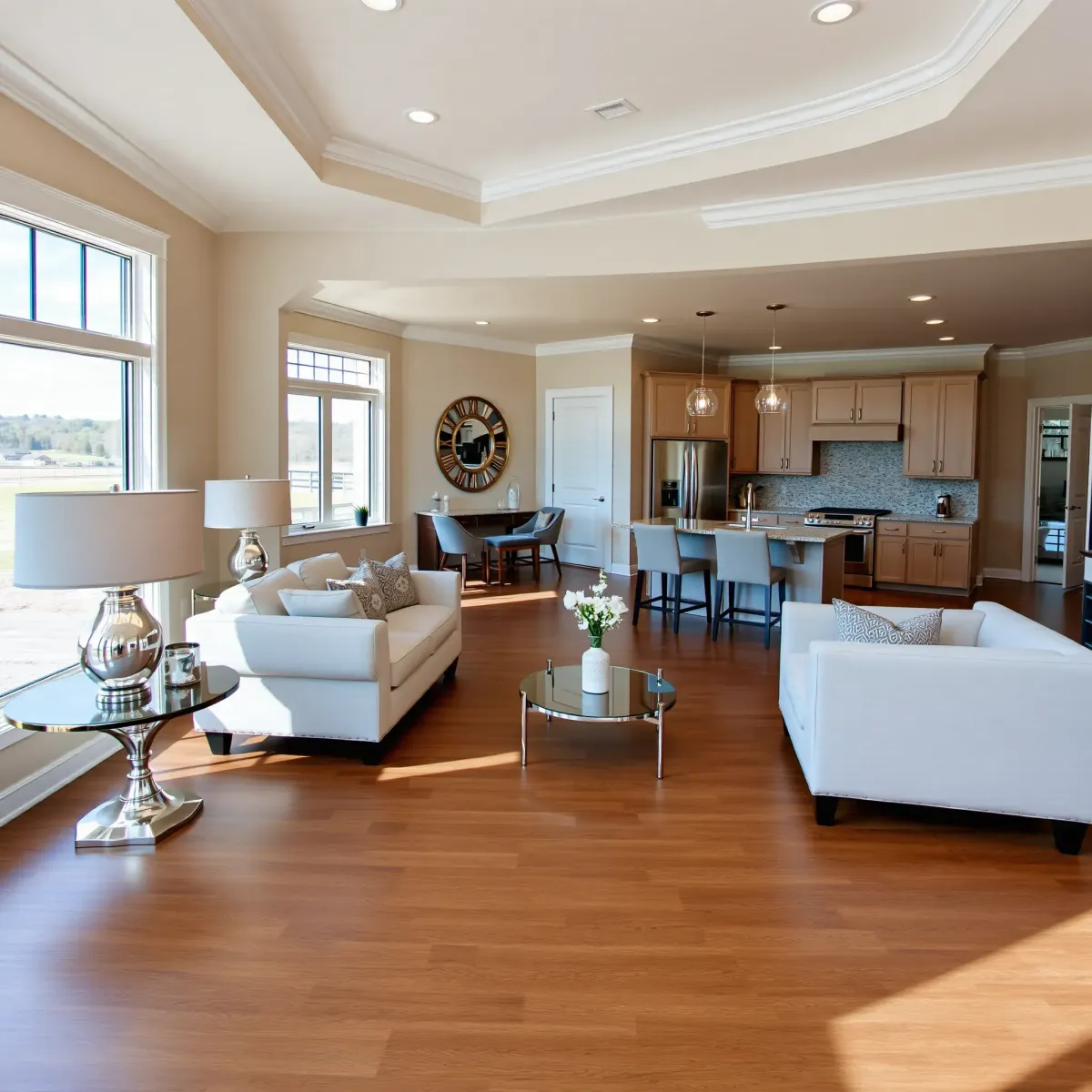 Modern renovated living room in Kingston, TN with hardwood floors, neutral walls, sleek furnishings, and seamless kitchen integration.