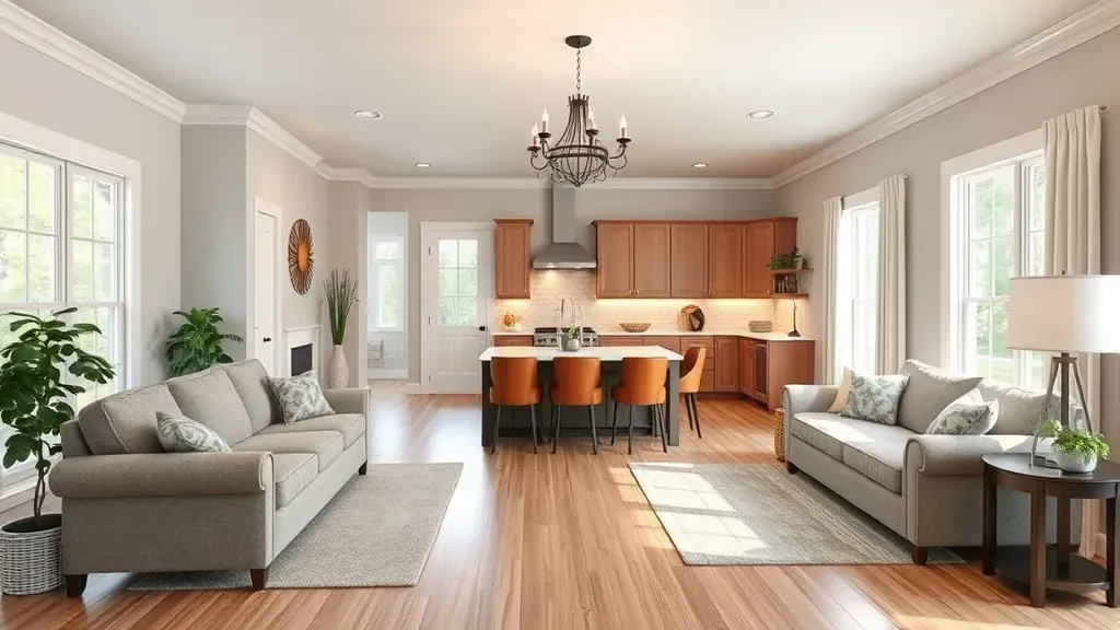 Freshly renovated Rutledge TN living room with hardwood floors, cozy furniture, stylish decor, and a landscaped backyard.