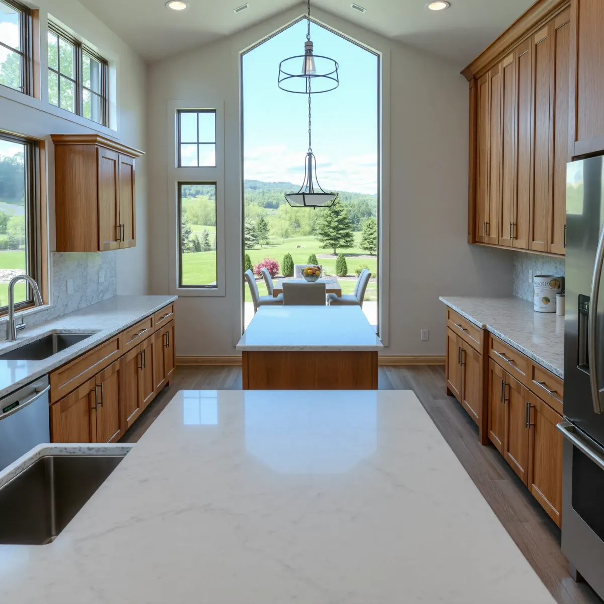 Modern renovated Loudon, TN kitchen with granite countertops, farmhouse sink, stainless steel appliances, hardwood floors, and natural light.