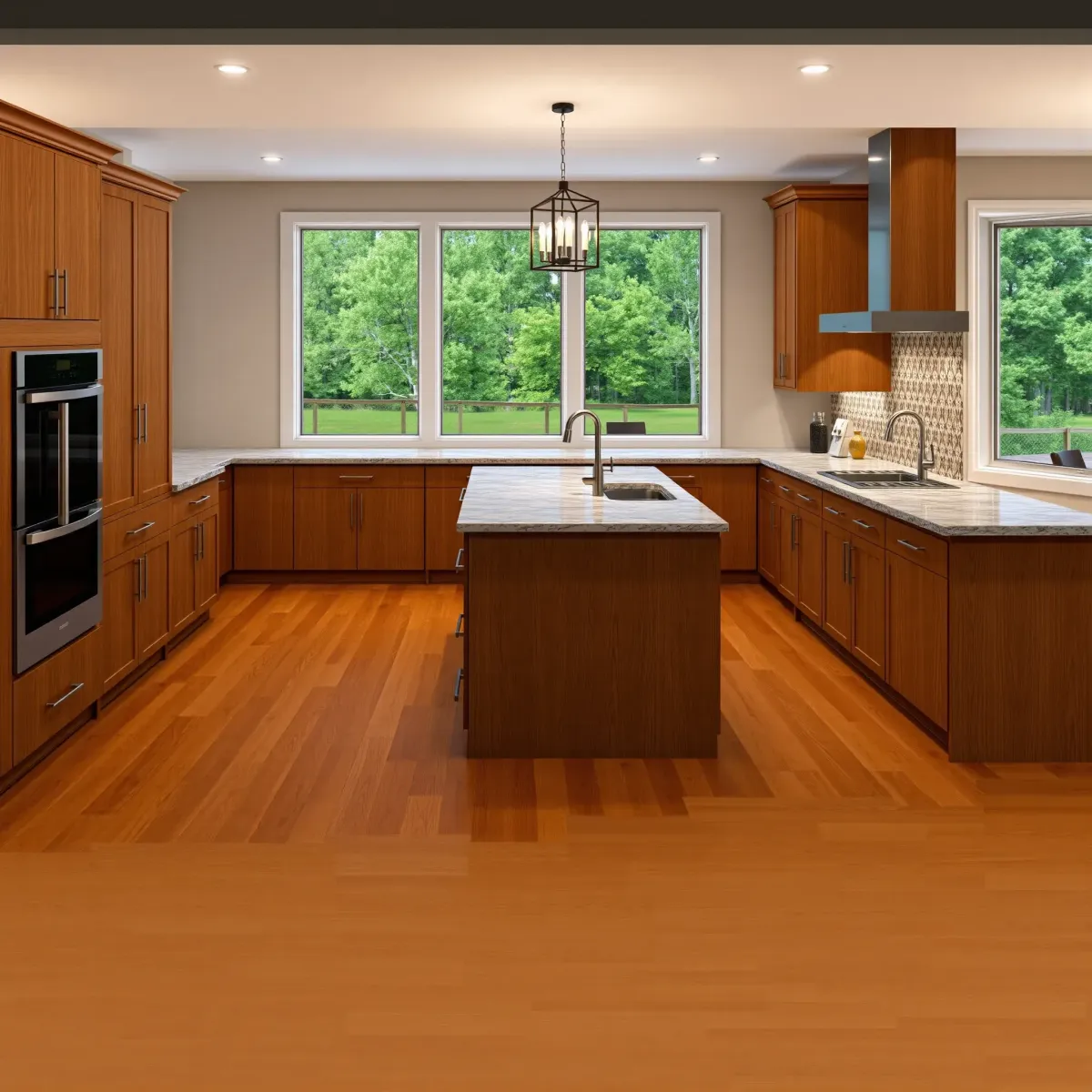 Bright, modern kitchen in Rutledge, TN with warm wood cabinets, stainless steel appliances, granite island, and countryside views.