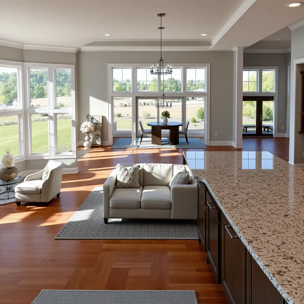 Modern home remodeling in Jefferson City, TN featuring open-concept living, hardwood floors, large windows, and stylish kitchen.