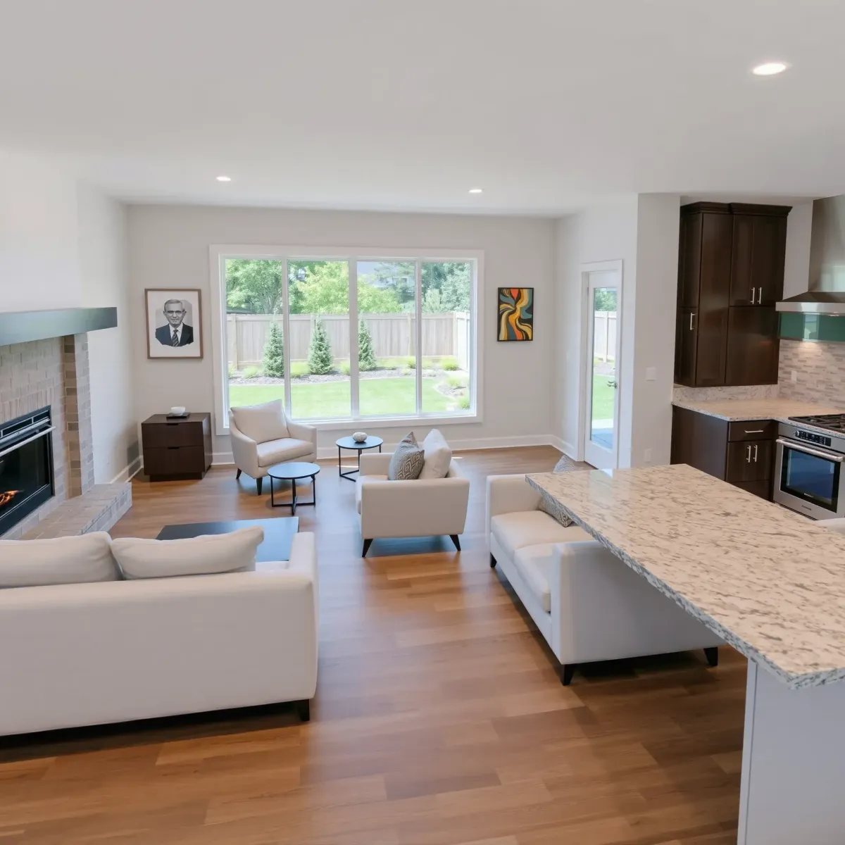 Remodeled Athens, TN home interior featuring a modern living room and kitchen with hardwood floors, sleek furnishings, and natural light.