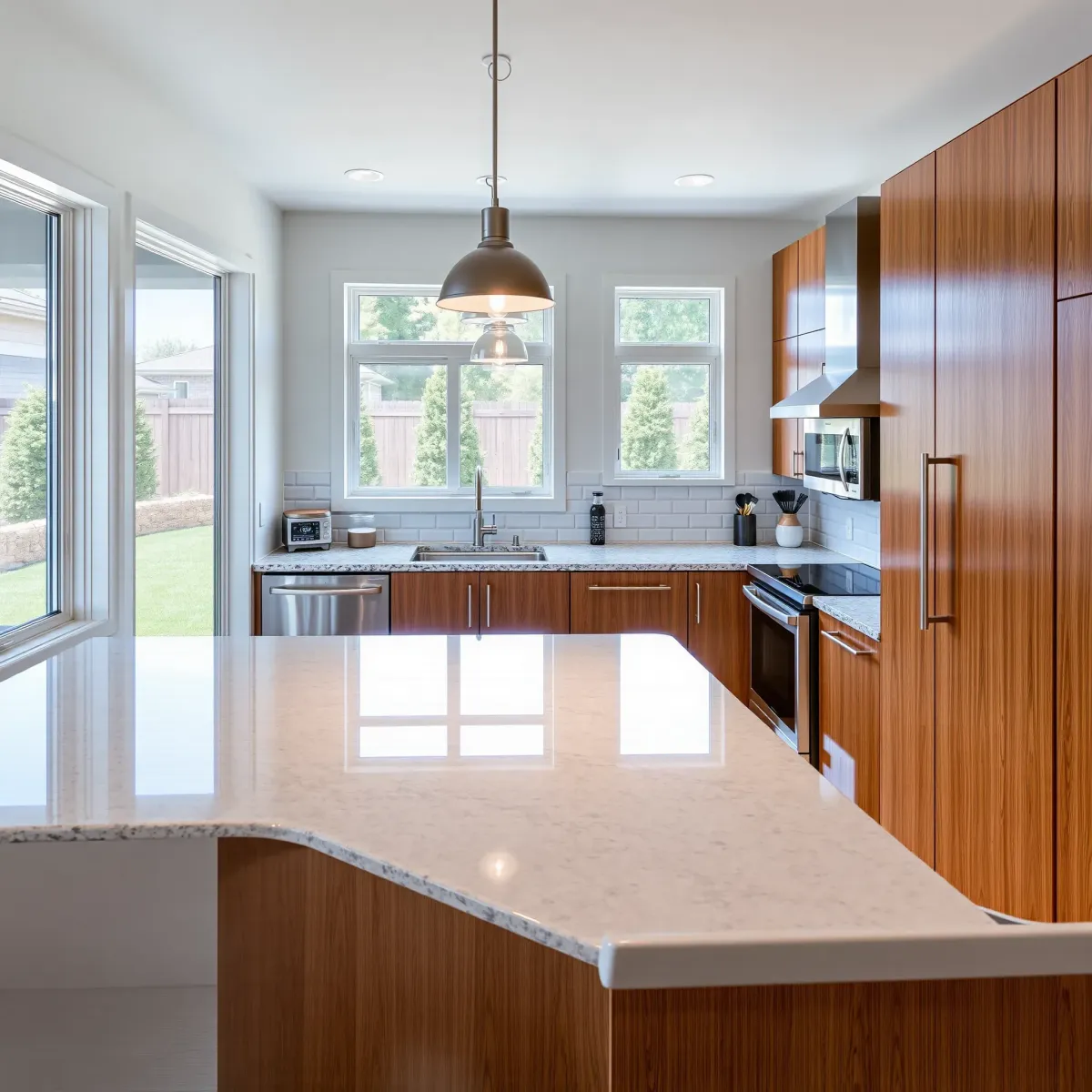 Modern Powell, TN kitchen with wood cabinets, stainless steel appliances, granite island, subway backsplash, bright natural light.