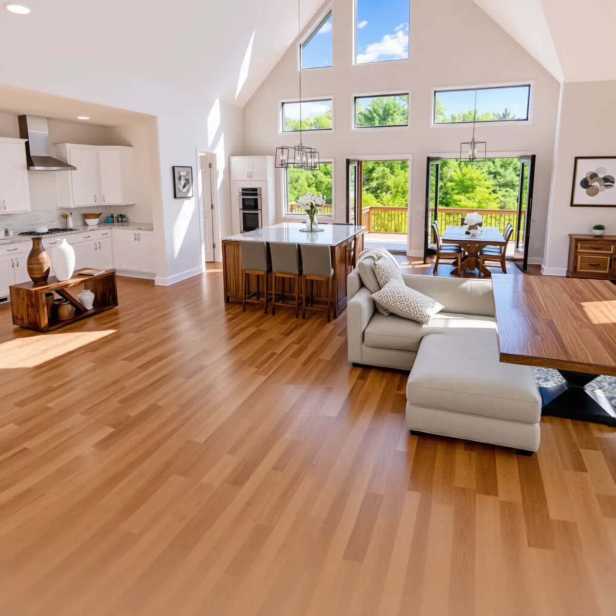 Recently remodeled Sevierville home with open-concept living, modern furniture, reclaimed wood accents, large windows, and a scenic mountain view.