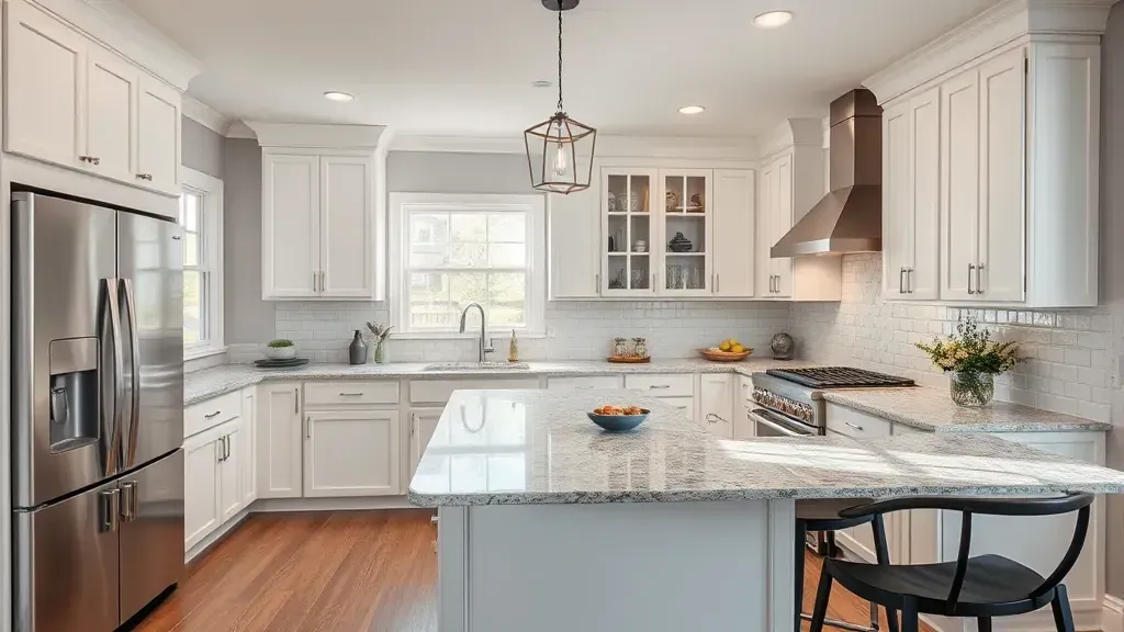 Modern Dandridge, TN kitchen with sleek matte wood cabinetry, granite counters, stainless steel appliances, hardwood floors, & scenic outdoor views.