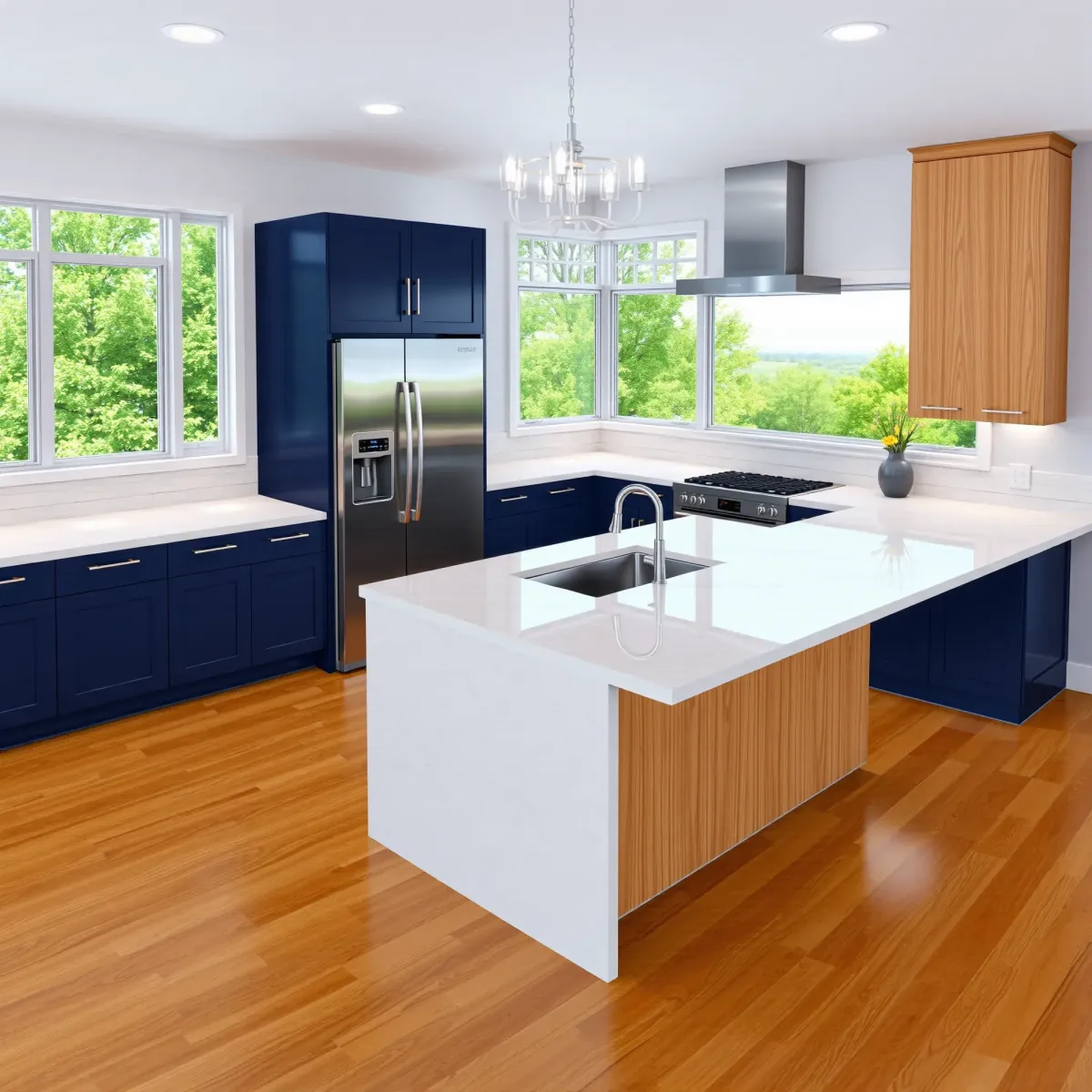 Completed modern kitchen in Jacksboro, TN with granite countertops, stainless steel appliances, hardwood floors, and lush backyard.