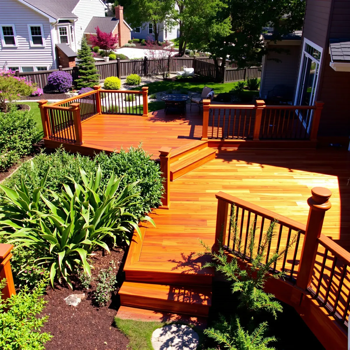 Polished wooden deck with built-in seating, lush landscaping, and Knoxville homes, showcasing craftsmanship and outdoor charm.