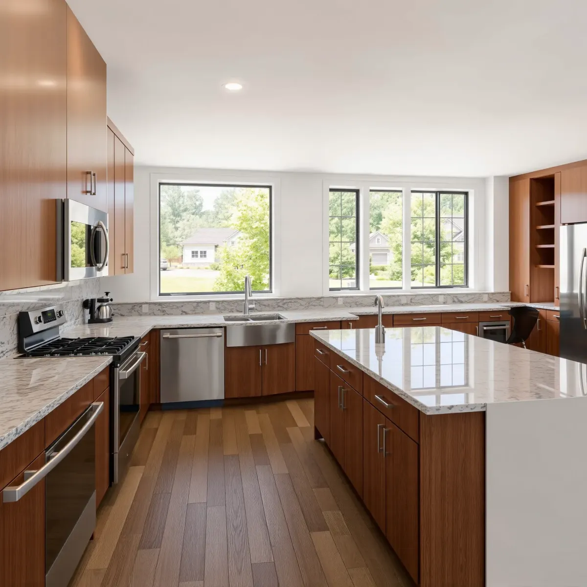Modern Farragut kitchen with granite countertops, stainless steel appliances, custom wood cabinetry, natural light, and upscale finishes.