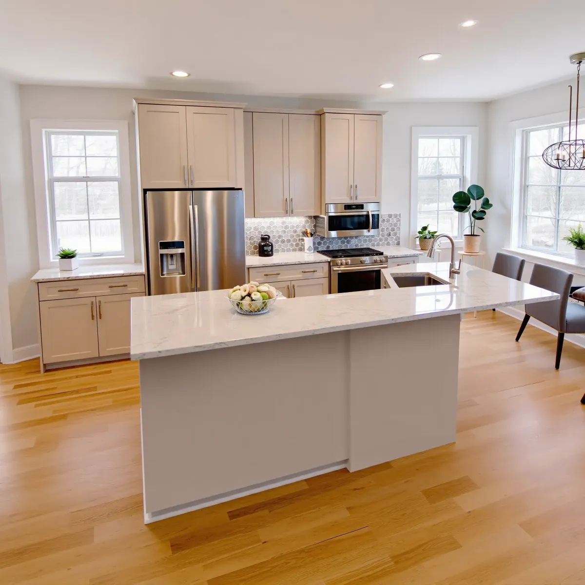 Renovated Lenoir City kitchen with granite countertops, stainless steel appliances, custom cabinets, and large windows.