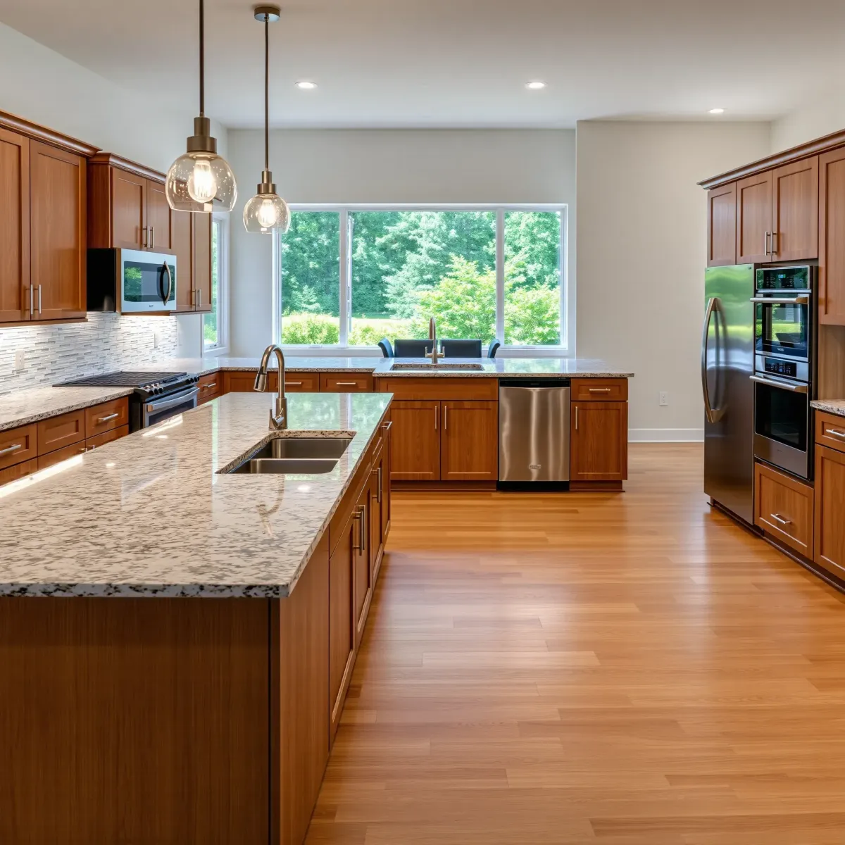 Renovated Oliver Springs, TN kitchen with warm wood cabinetry, black hardware, granite island, stainless appliances, and natural light.