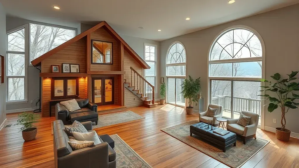 Completed Pigeon Forge home interior with modern design, hardwood floors, stainless steel appliances, and scenic mountain views.