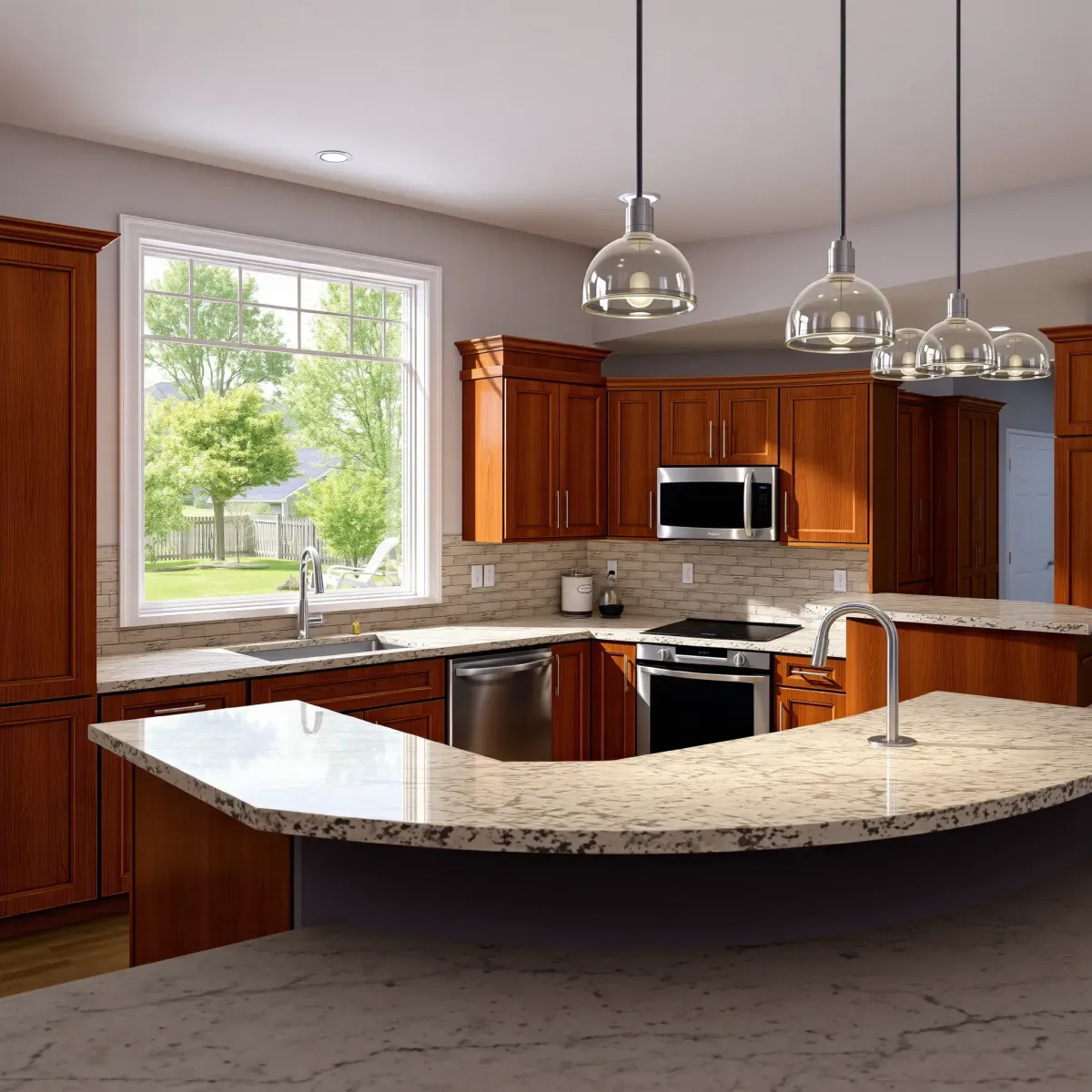 Renovated Knoxville kitchen with high-end appliances, granite counters, warm wood cabinets, and scenic backyard view.