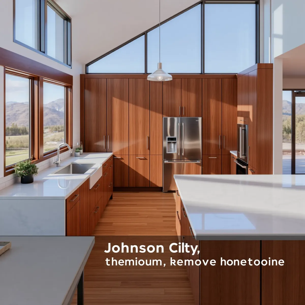 Remodeled Johnson City kitchen with stainless appliances, marble island, warm wood cabinets, quartz counters, and mountain views.