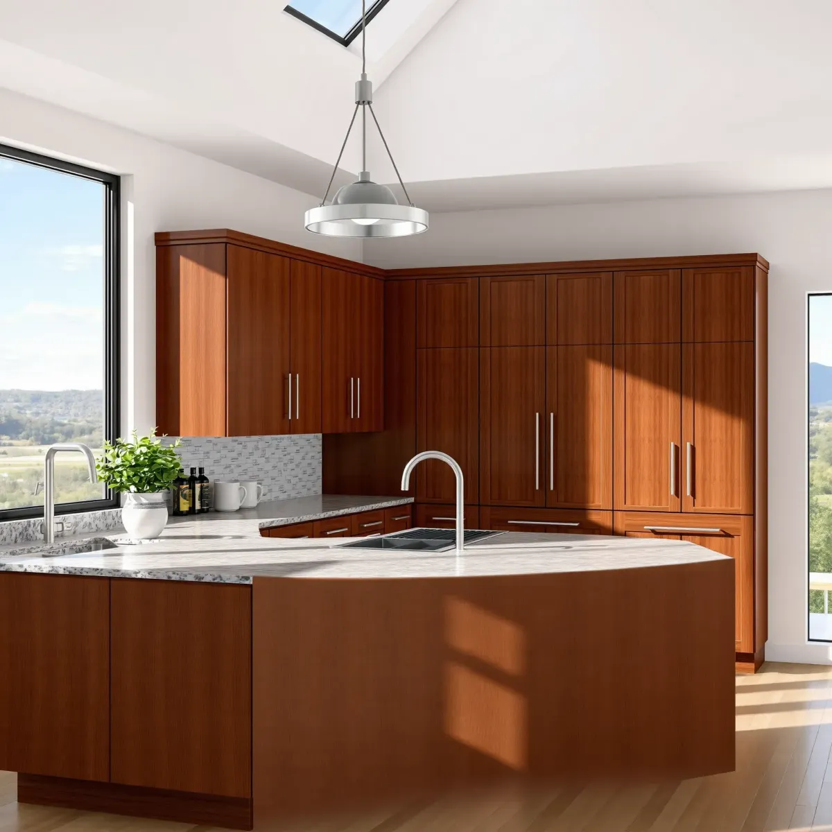 Modern Knoxville kitchen with sleek cabinets, natural light, granite countertops, scenic view, and elegant decor.