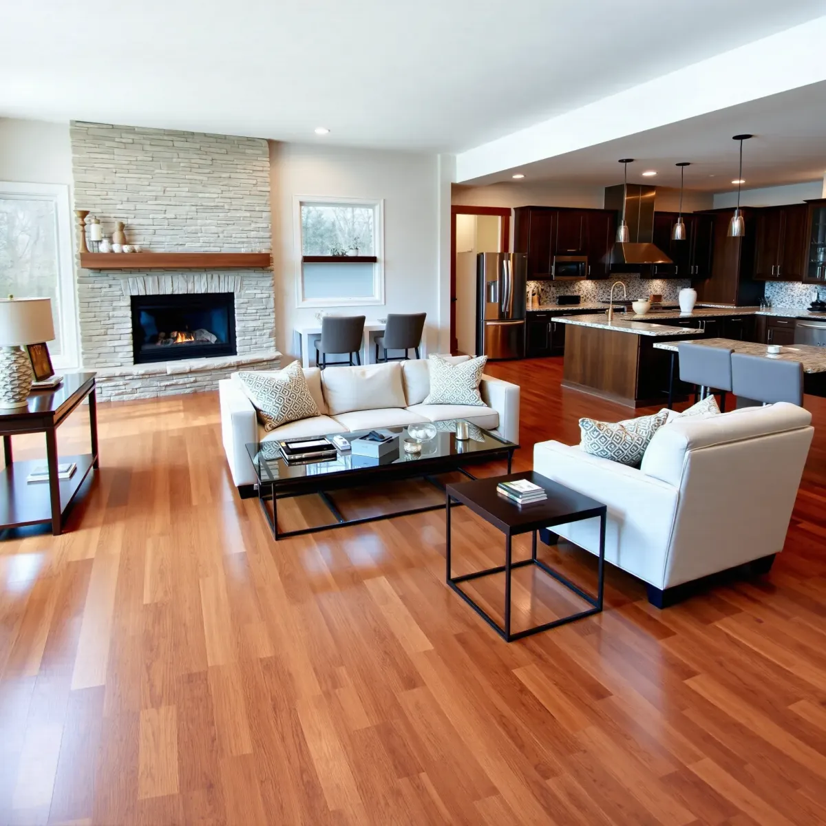 Remodeled Lenoir City home with open-concept living room and modern kitchen, lush outdoor views, and stylish decor.