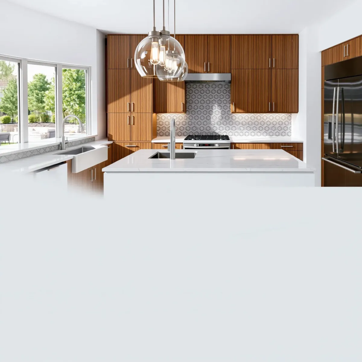 Renovated Knoxville kitchen with marble countertops, stainless steel appliances, custom wood cabinetry, and lush backyard views.