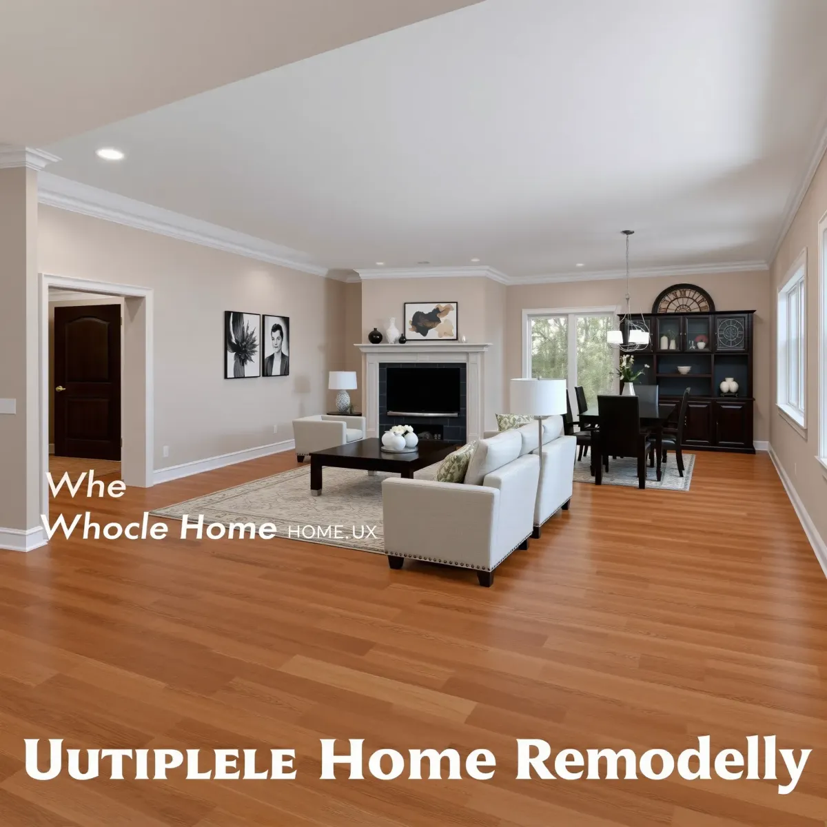 Remodeled Wartburg, TN living room with hardwood floors, modern furniture, artwork, plants, and sunny backyard view.