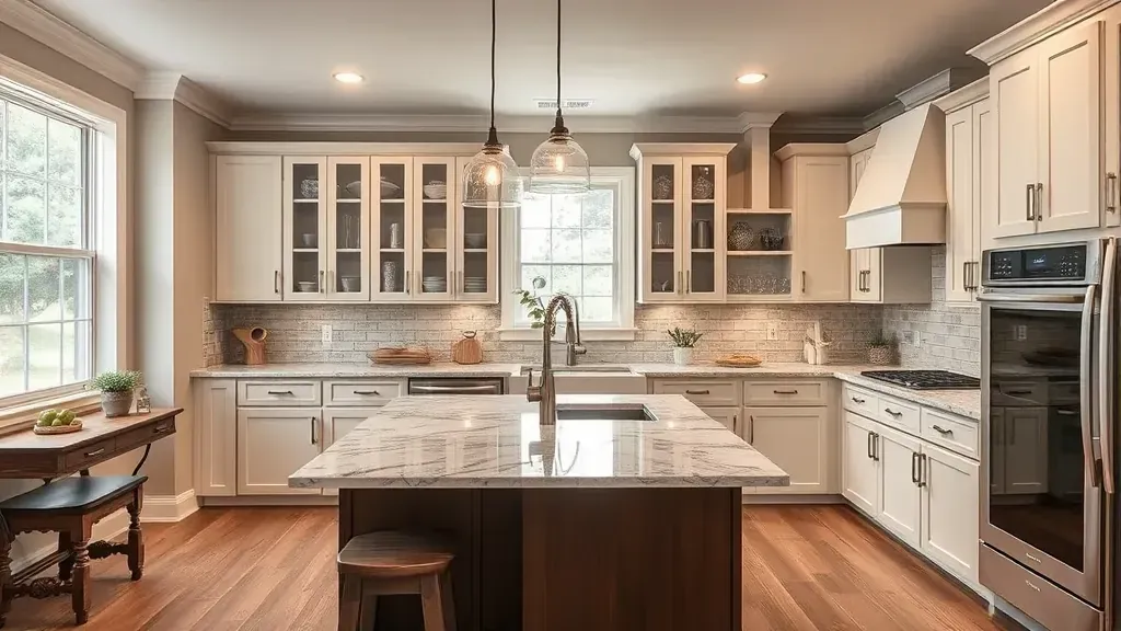Renovated Jacksboro, TN kitchen with wood cabinetry, granite countertops, stainless steel appliances, and lush outdoor views.