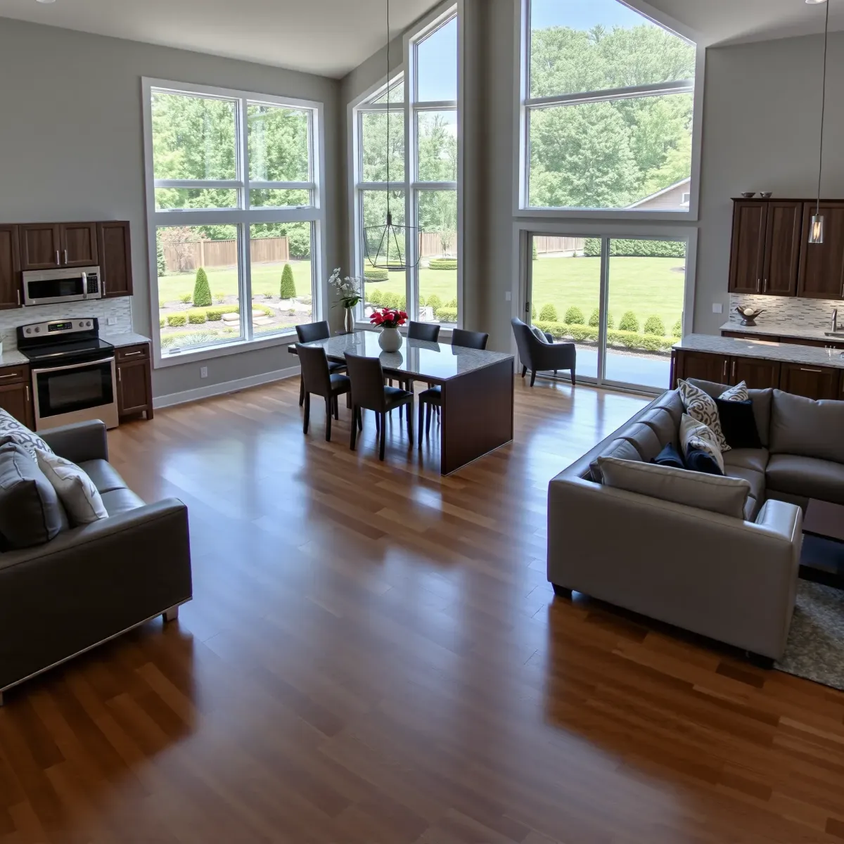 Modern renovated Louisville TN home interior: spacious living room, hardwood floors, fireplace, large windows, stylish decor.