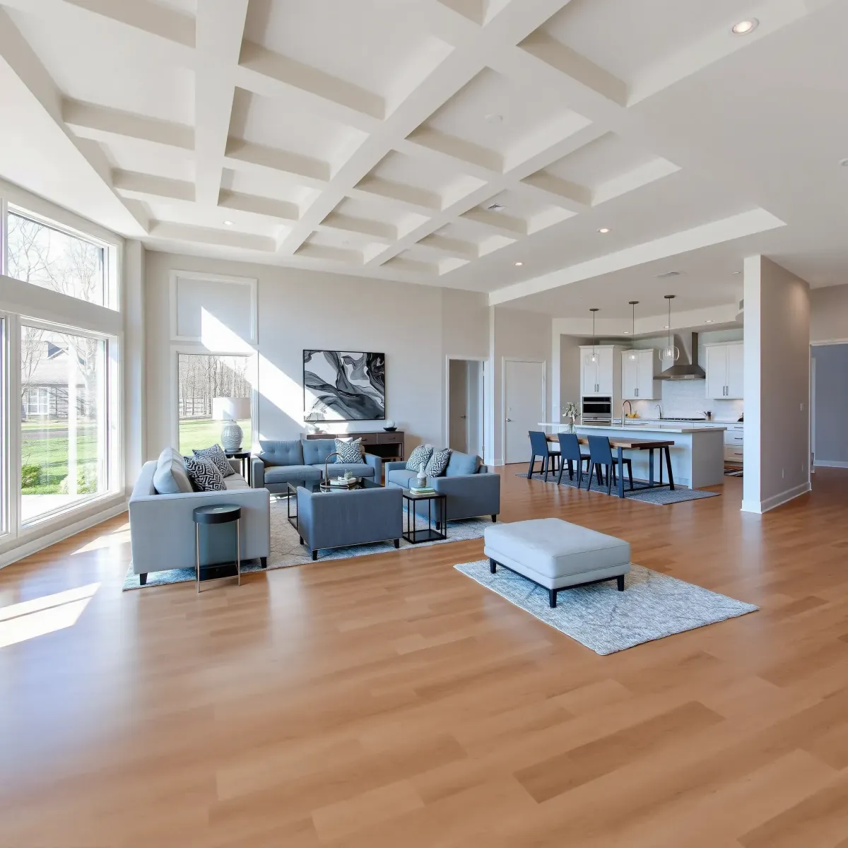 Spacious modern living room in Powell, TN with hardwood floors, large windows, sleek furniture, and open-concept kitchen.