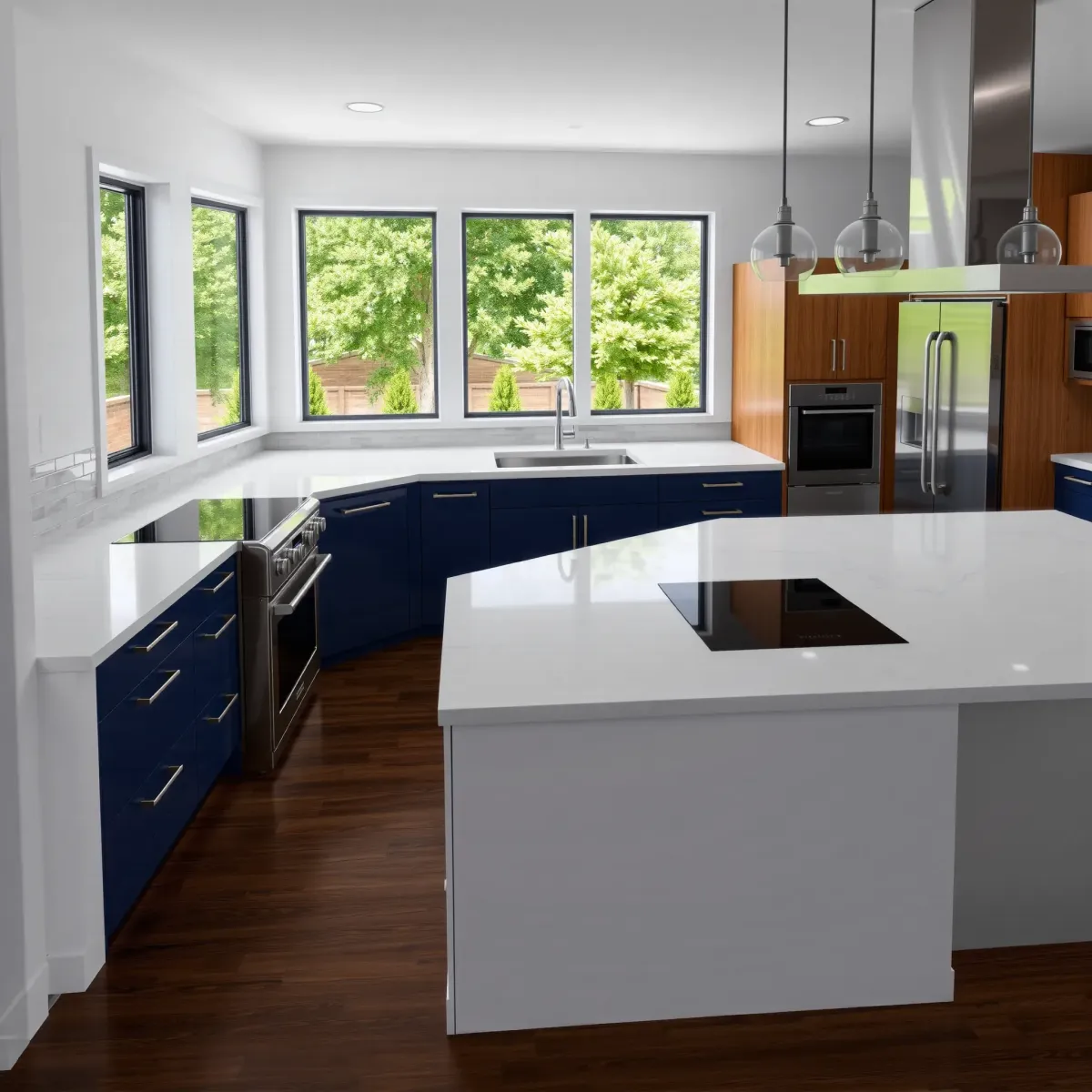 Renovated Farragut kitchen with navy blue cabinets, white quartz countertops, gray backsplash, and lush backyard view.